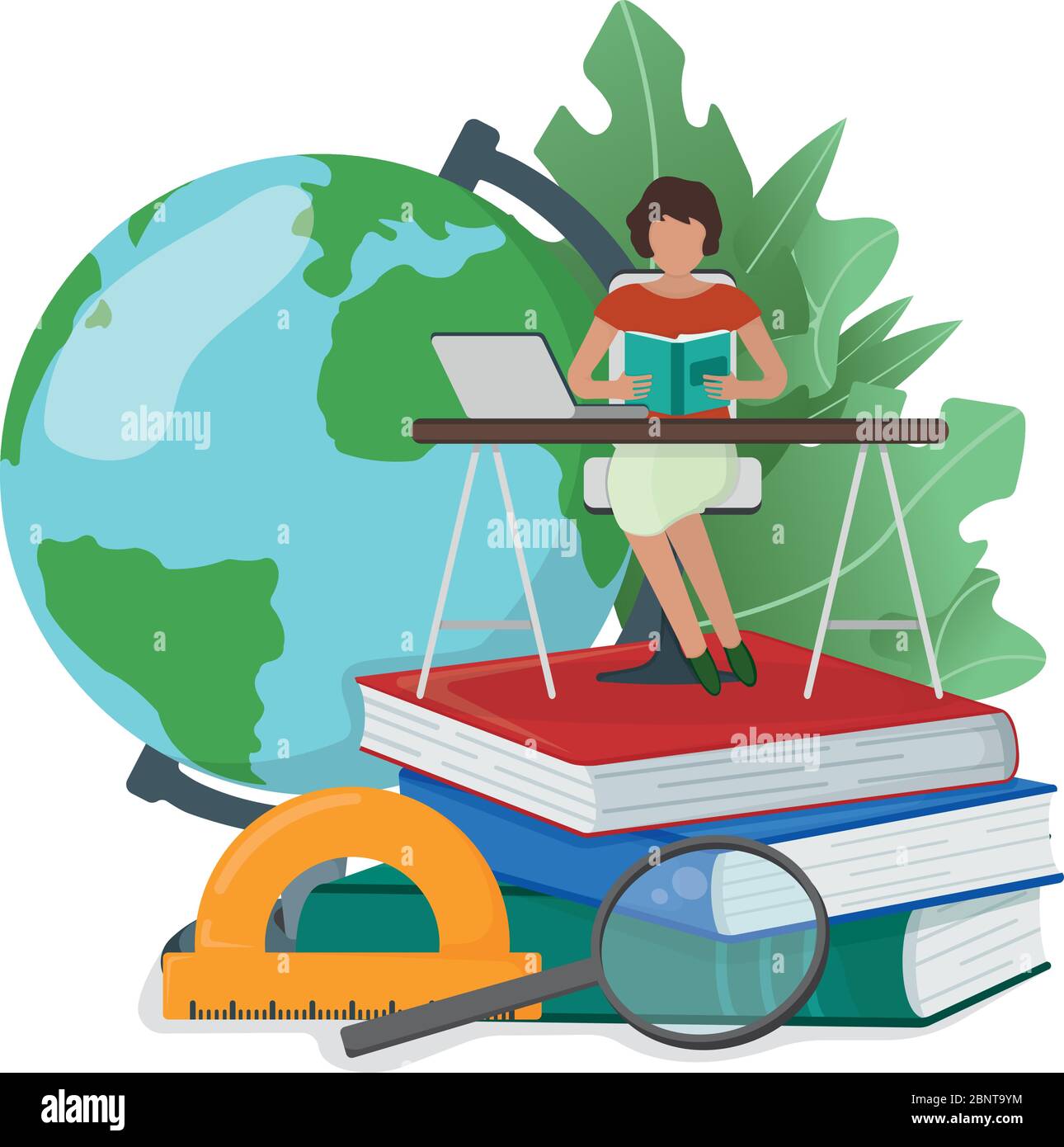 Konzept Online-Studie, winzige Frau sitzen Buch Stapel isoliert auf weißen Cartoon Vektor-Illustration. Charakter weiblichen Arbeitsplatz moderne Bildungsschule Stock Vektor