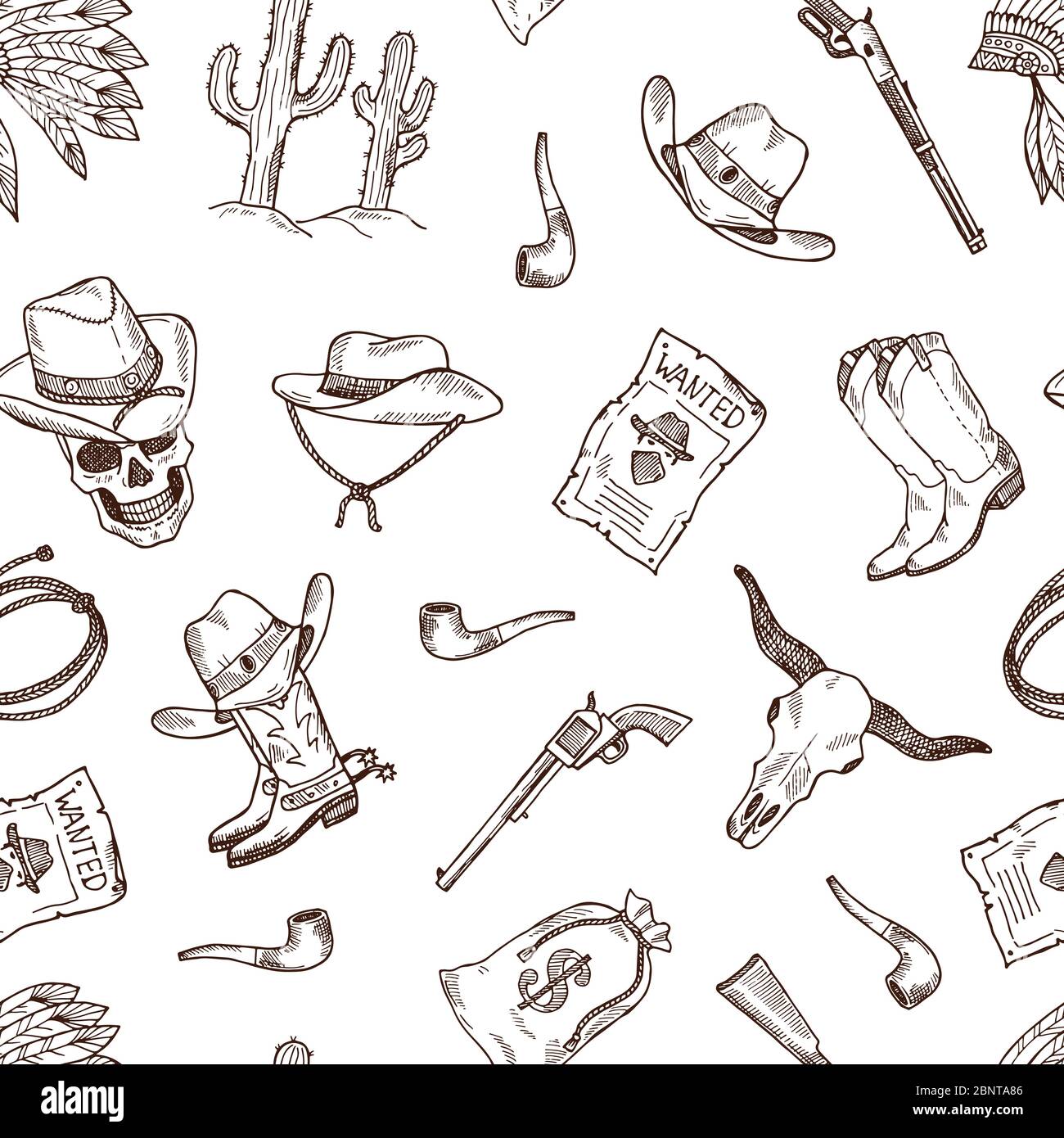 Vektor Hand gezeichnet wilden Westen Cowboy Muster oder Hintergrund Illustration Stock Vektor