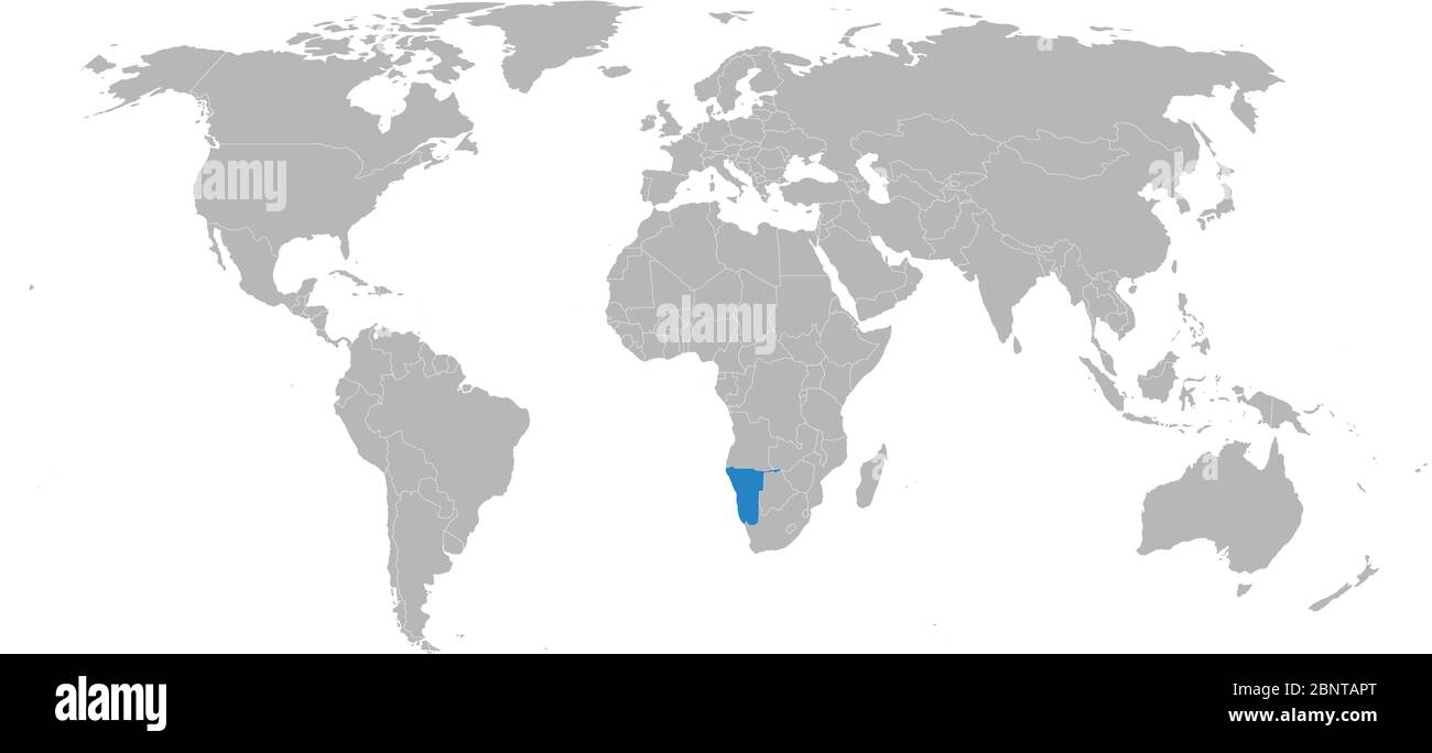 Namibia blau auf der Weltkarte hervorgehoben. Afrikanisches Land. Perfekt für Geschäftskonzepte, Hintergründe, Hintergrund, Poster, Chart, Banner, Label, Aufkleber und Stock Vektor