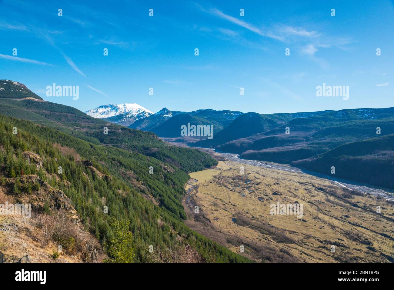 Landschaftlich schöne Aussicht auf Mt st Helens mit Waldtal, Washington, usa. Stockfoto