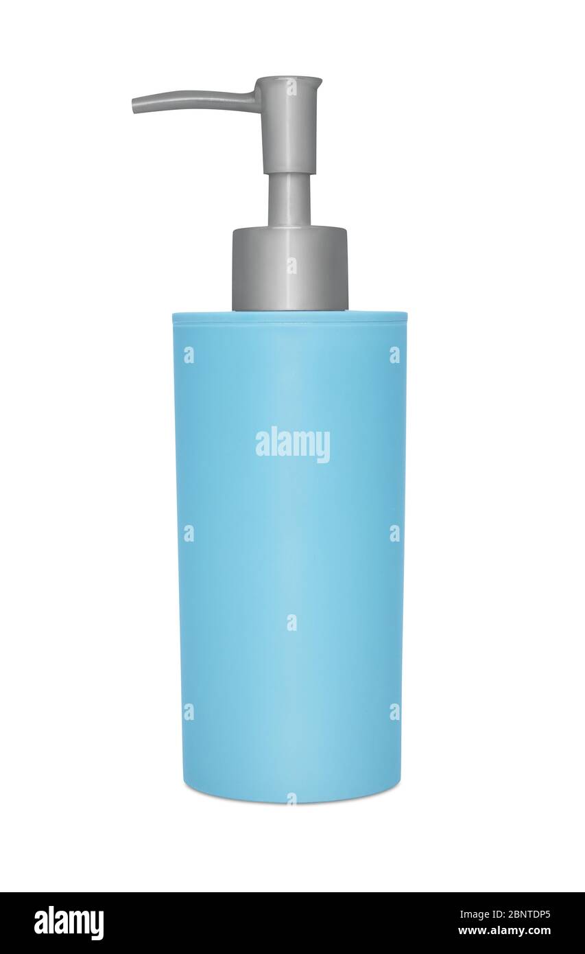 Blauer Seifenflaschenspender isoliert auf weißem Hintergrund Stockfoto