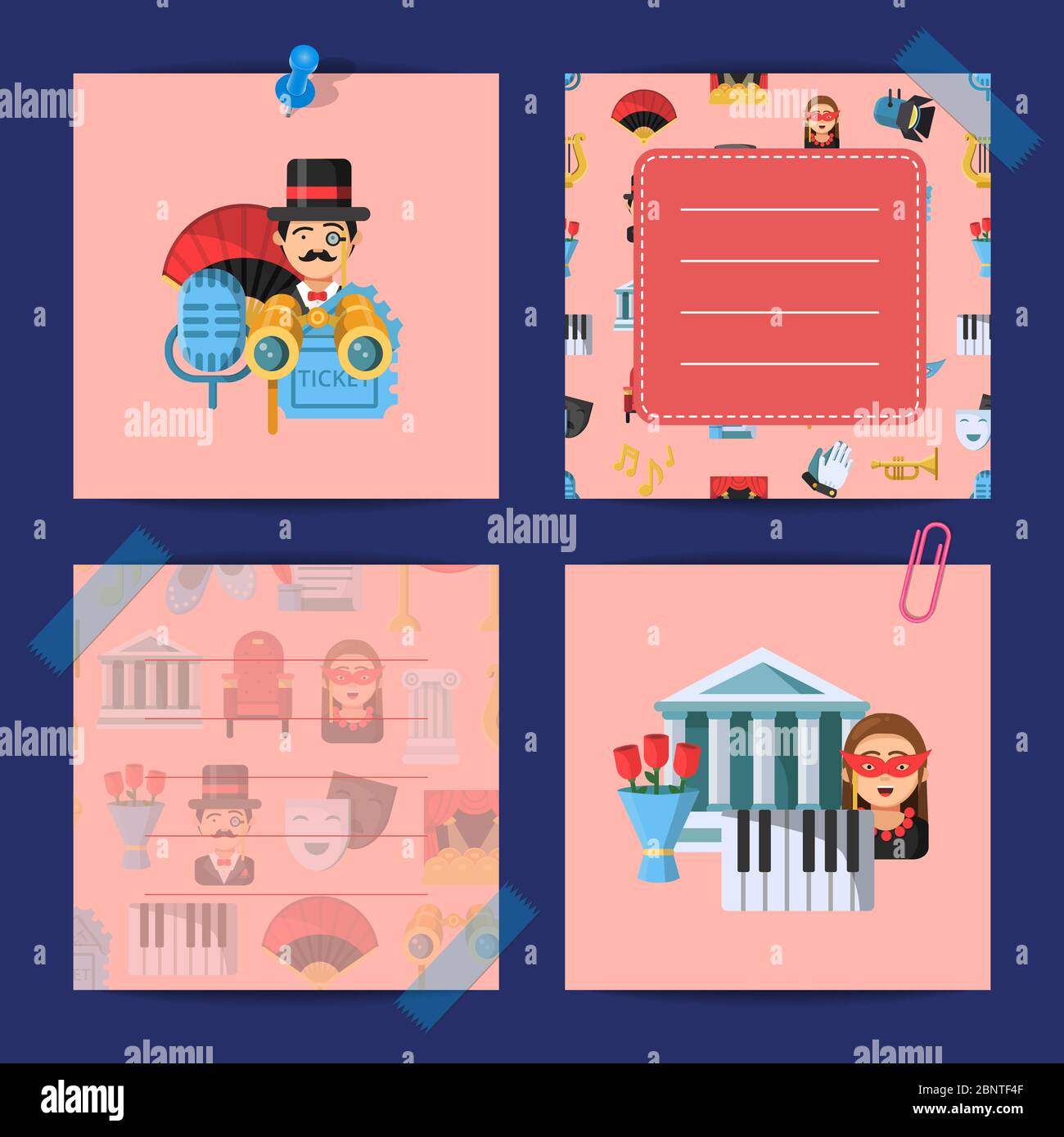 Vektor flache Theater Symbole Notizen Set Illustration Stock Vektor
