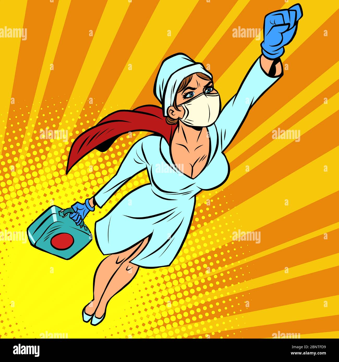 Superhelden Krankenschwester fliegen mit einem Impfstoff gegen das Virus Stock Vektor