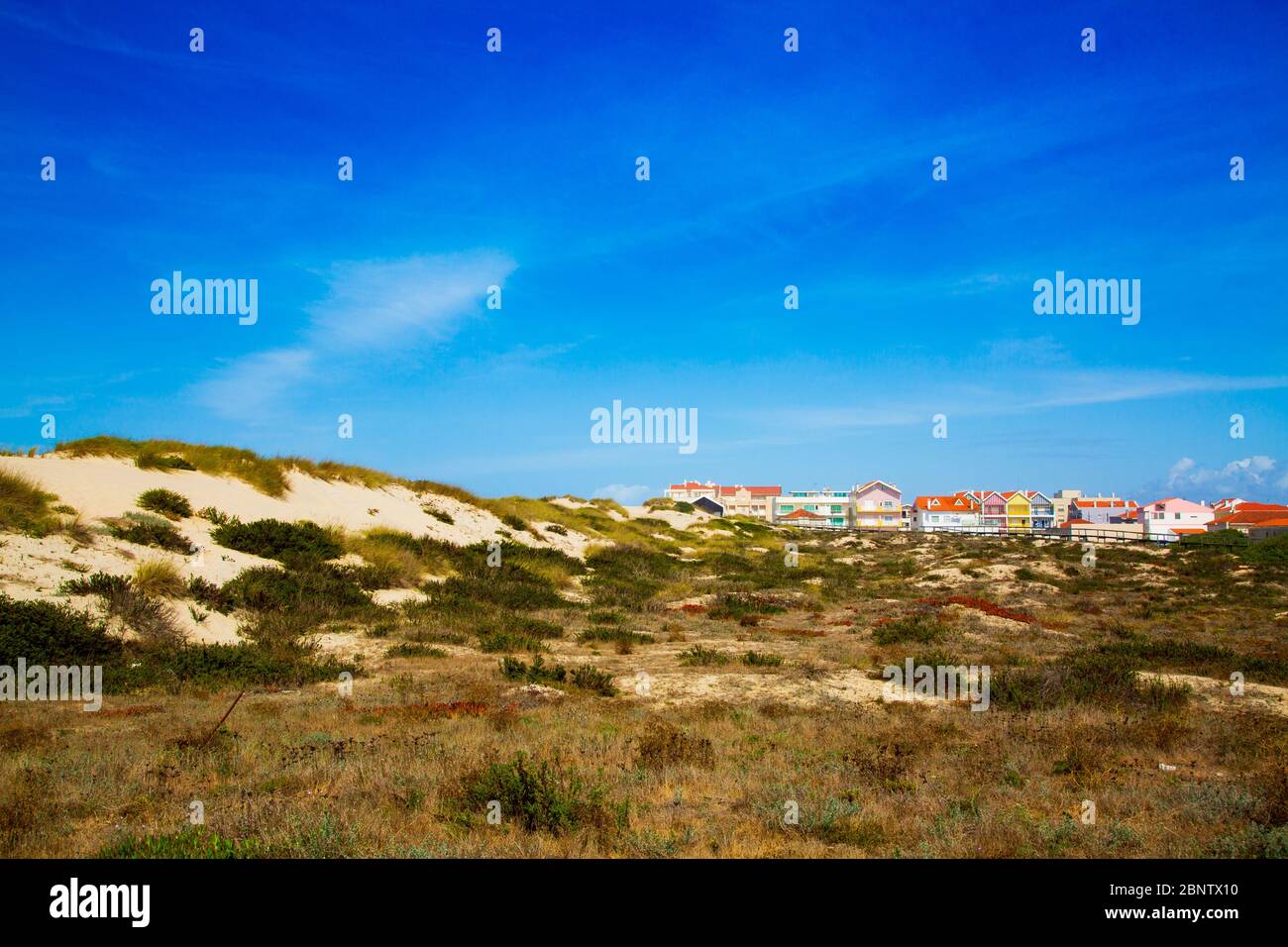 Costa Nova, Portugal: Bunt gestreifte Strandhäuser namens Palheiros an der Atlantikküste bei Aveiro. Stockfoto