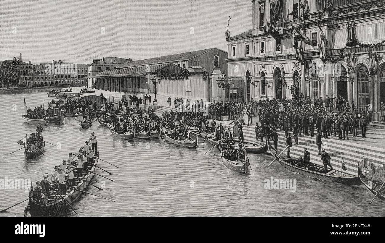 Viaje de los emperadores de Alemania a Tierra Santa, Guillermo II de Alemania y Augusta Victoria de Schleswig-Holstein. Llegada de SS. M. A. Venecia, Italien. La imagen representa el momento de salir de la estación del ferrocarril de los soberanos alemanes e italianos para tomar la góndola de la corte, la cual les condujo por el Gran Canal al Palacio de los Dux, el día 13 de octubre de 1898. En la estación recibieron a los emperadores alemanes, SS. MM. Humberto I de Italia y Margarita Teresa de Saboya. Grabado. La Ilustración Española y Americana,30 de octubre de 1898. Stockfoto