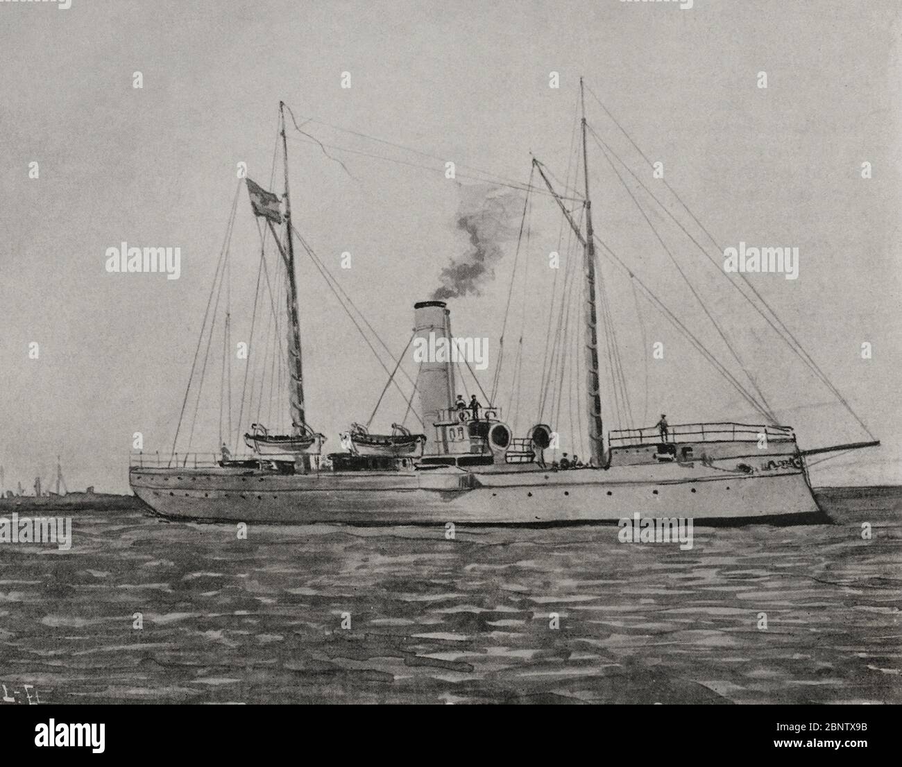 Guerra hispano-estadounidense o Guerra de Cuba. Conflicto bélico entre España y Estados Unidos en 1898, resultado de la intervención estadounidense en la guerra de independencia cubana. Cañonero torpedero'Nueva España', que en unión del'Conde del Venadito', hizo retirar cinco barcos norteamericanos delante del puerto de La Habana. Fotograf. La Ilustración Española y Americana, 22 de Mayo de 1898. Stockfoto