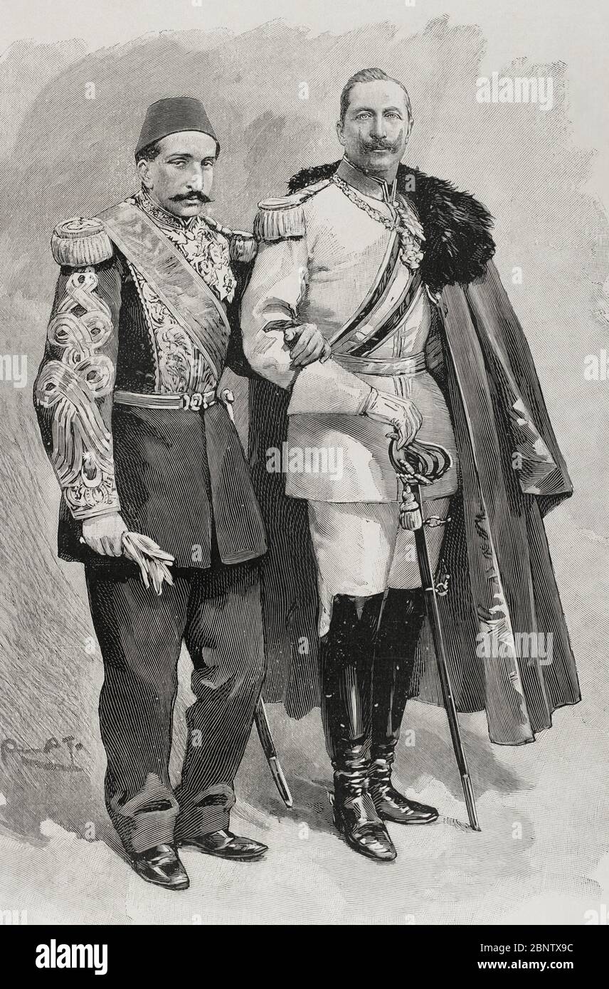 Viaje de los emperadores de Alemania, Guillermo II (1859-1941) y Augusta Victoria de Schleswig-Holstein a Tierra Santa. El sultán Otomano Abudul Hamid II (1842-1918) junto al emperador alemán Guillermo II. Grabado. La Ilustración española y Americana, 8 de Noviembre de 1898. Stockfoto