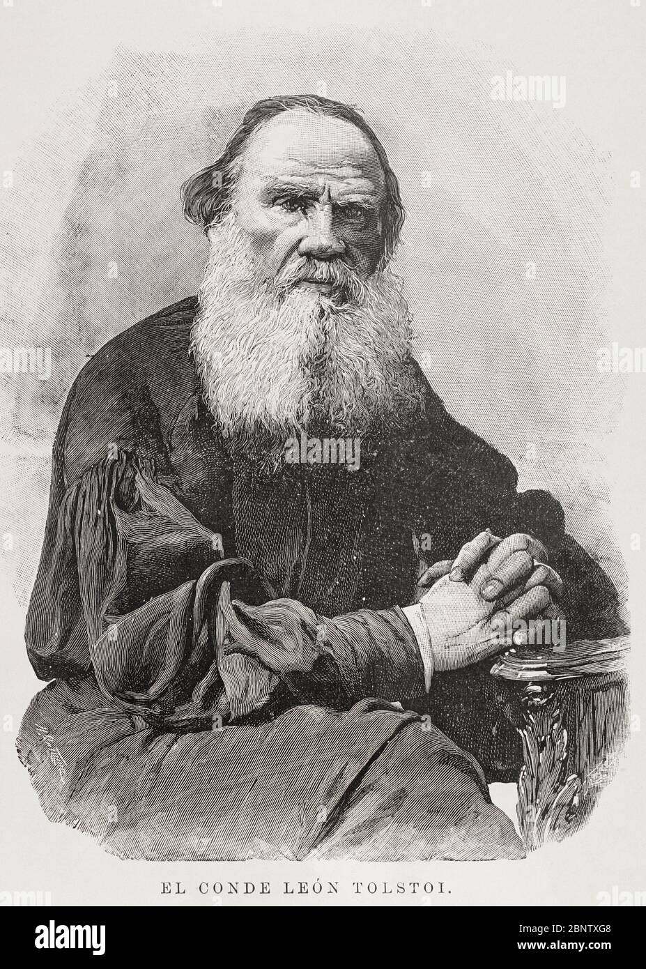 Lev Nikolaevic Tolstoj, conde (1828-1910). Novelista y pensador ruso. Grabado por Carretero. La Ilustración Española y Americana,8 de septiembre de 1898. Stockfoto