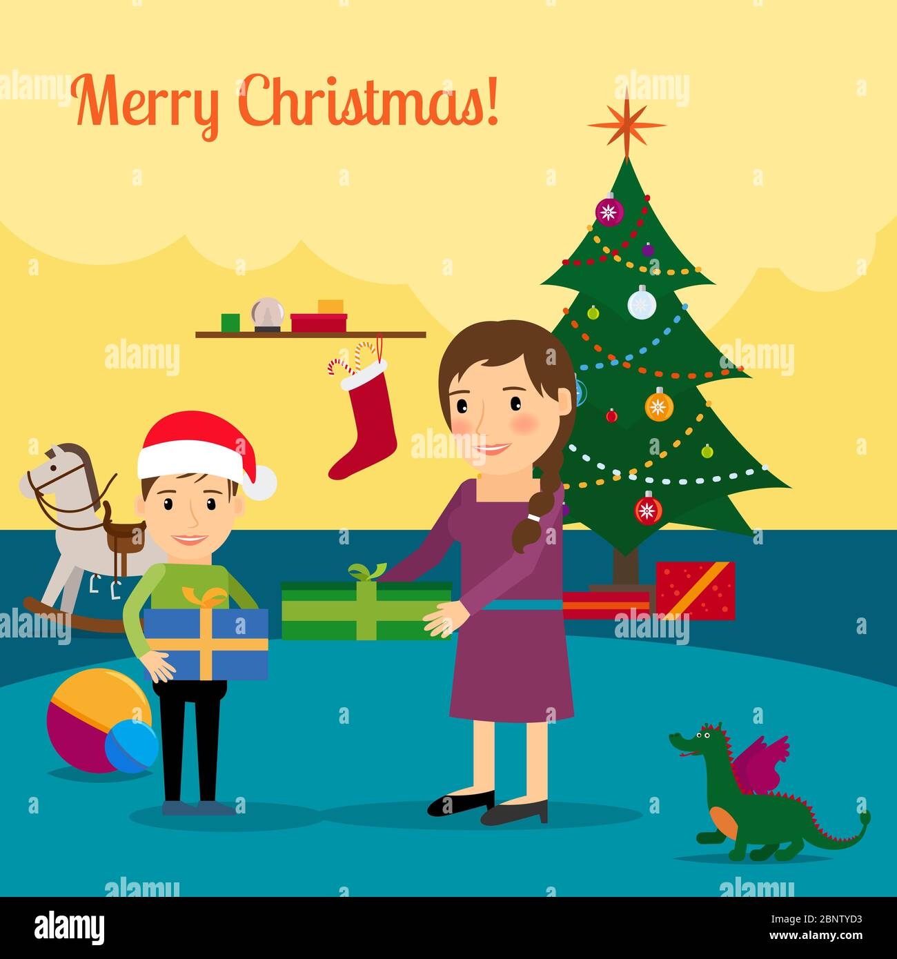 Frohe Weihnachten Cartoon Illustration Mit Weihnachtsbaum Mutter Und Sohn Vektorgrafik Stock 