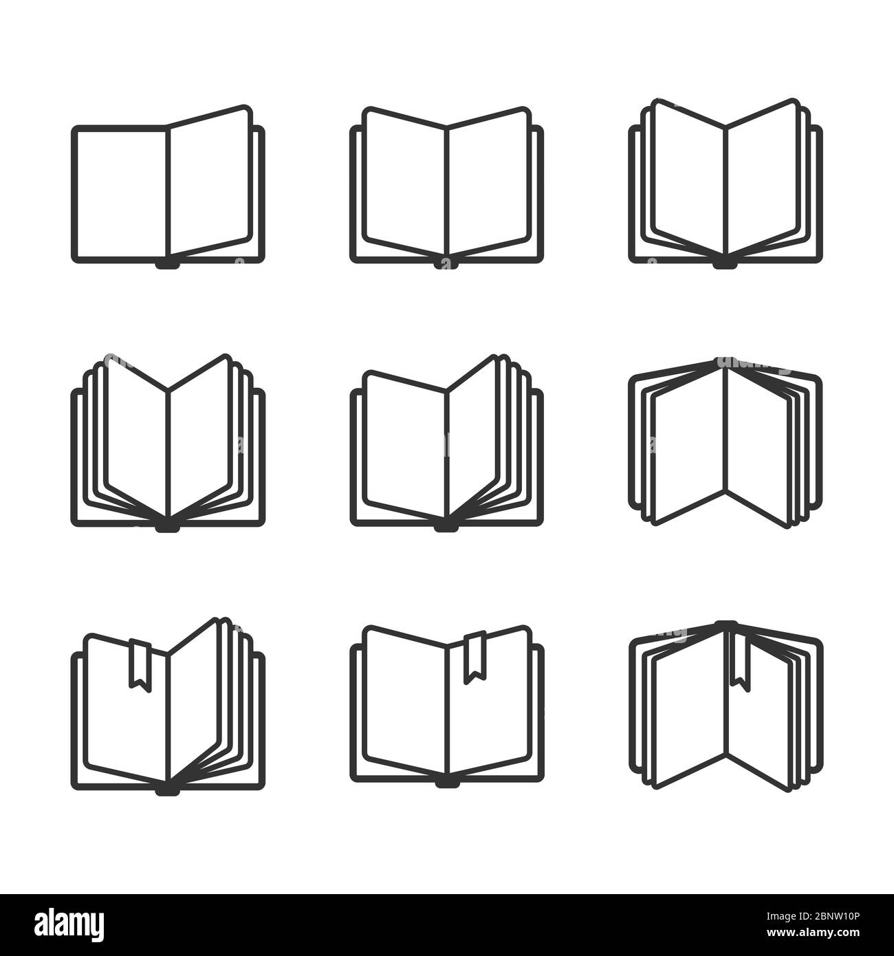 Bildung Icons Set, offene Bücher in schwarz über weiß. Vektorgrafik Stock Vektor