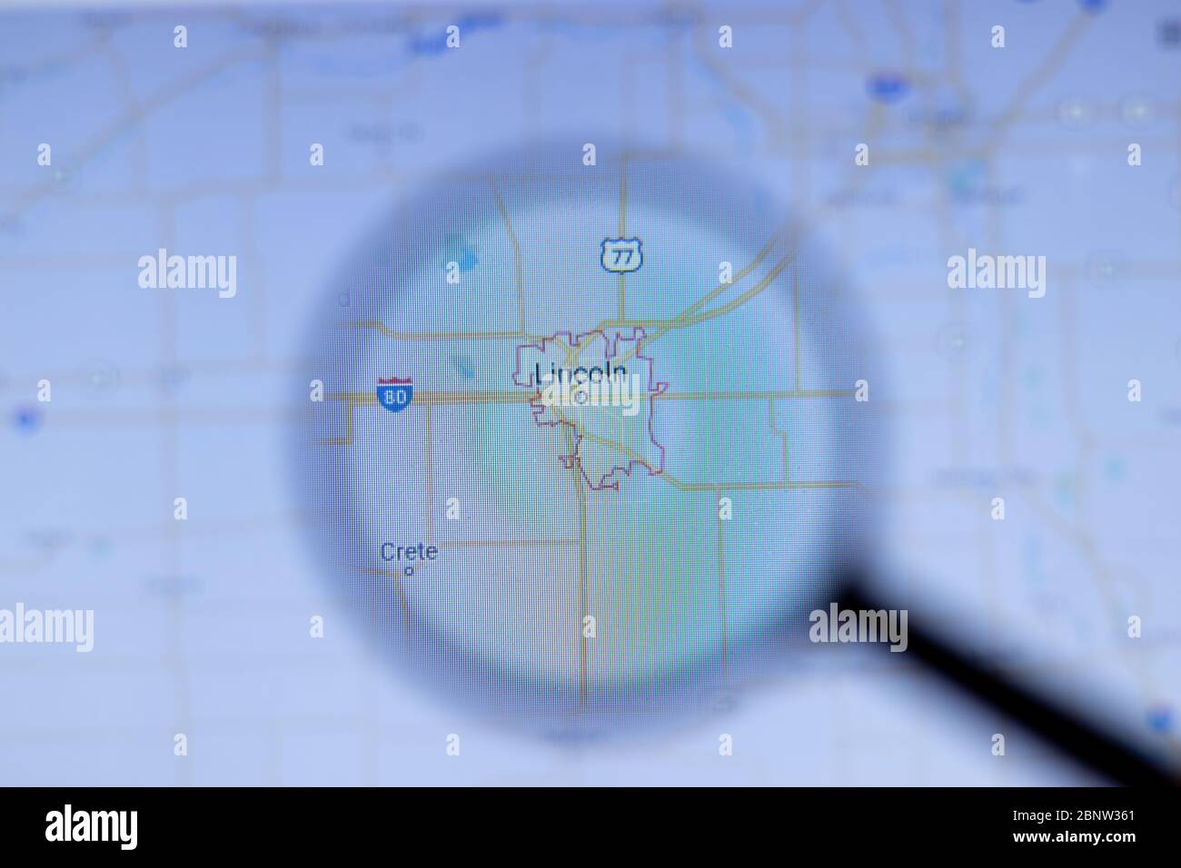 Los Angeles, California, USA - 1. Mai 2020: Lincoln City Stadtname mit Standort auf der Karte Nahaufnahme, illustrativ Editorial Stockfoto