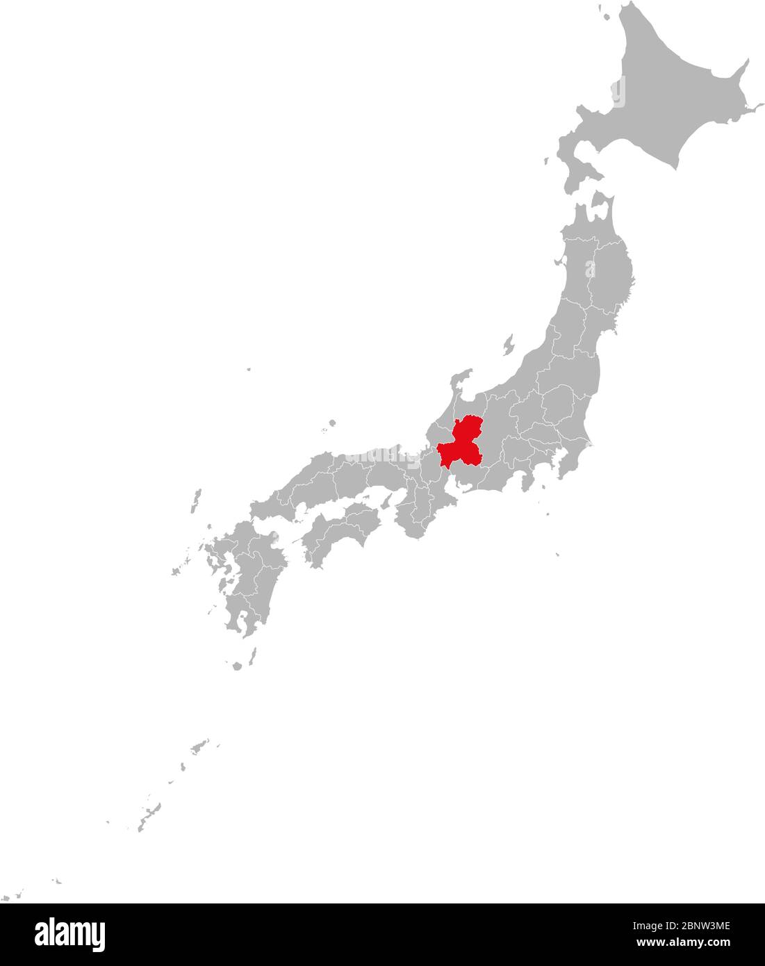 Provinz Gifu rot auf Japan Karte hervorgehoben. Grauer Hintergrund. Perfekt für Geschäftskonzepte, Hintergründe, Hintergrund, Aufkleber, Banner, Poster, Label, cha Stock Vektor
