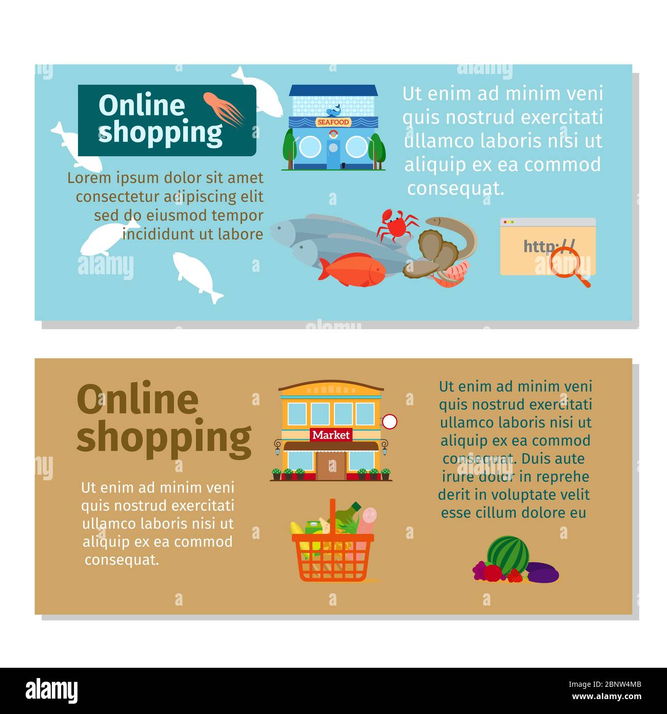 Online-Shopping Lebensmittel und Meeresfrüchte horizontal Flyer Design. Vektorgrafik Stock Vektor