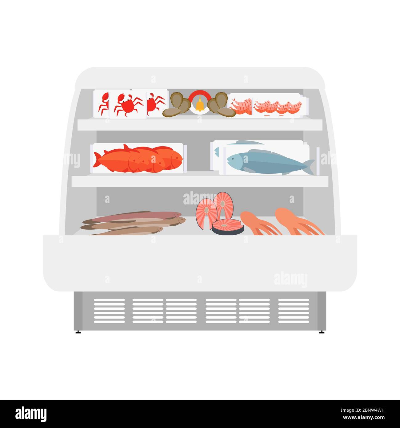 Fisch- und Meeresfrüchteprodukte in den Regalen des Geschäfts. Vektorgrafik Stock Vektor
