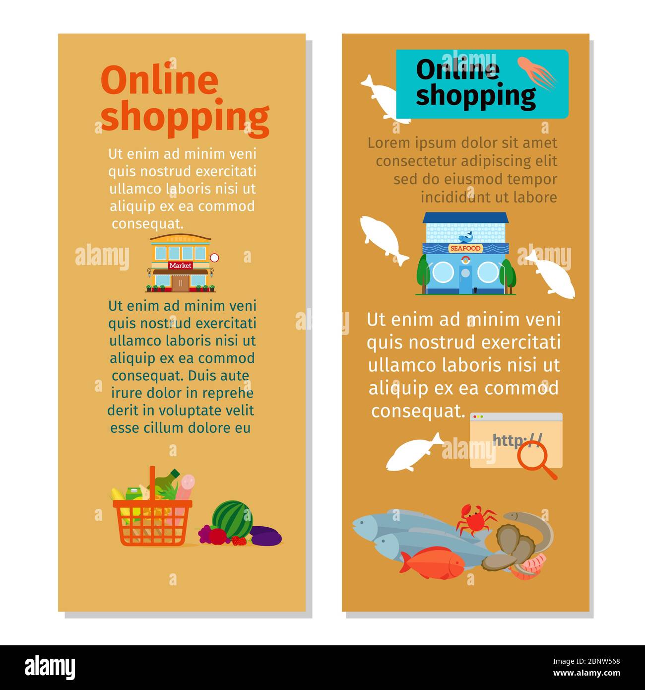 Online-Shopping Lebensmittel und Meeresfrüchte vertikale Flyer Design. Vektorgrafik Stock Vektor