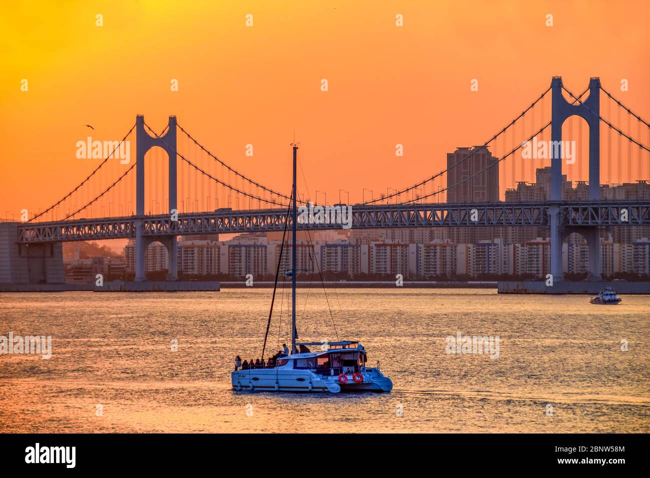 Gwangan Bridge und Haeundae bei Sonnenuntergang, Busan City, Südkorea. Stockfoto