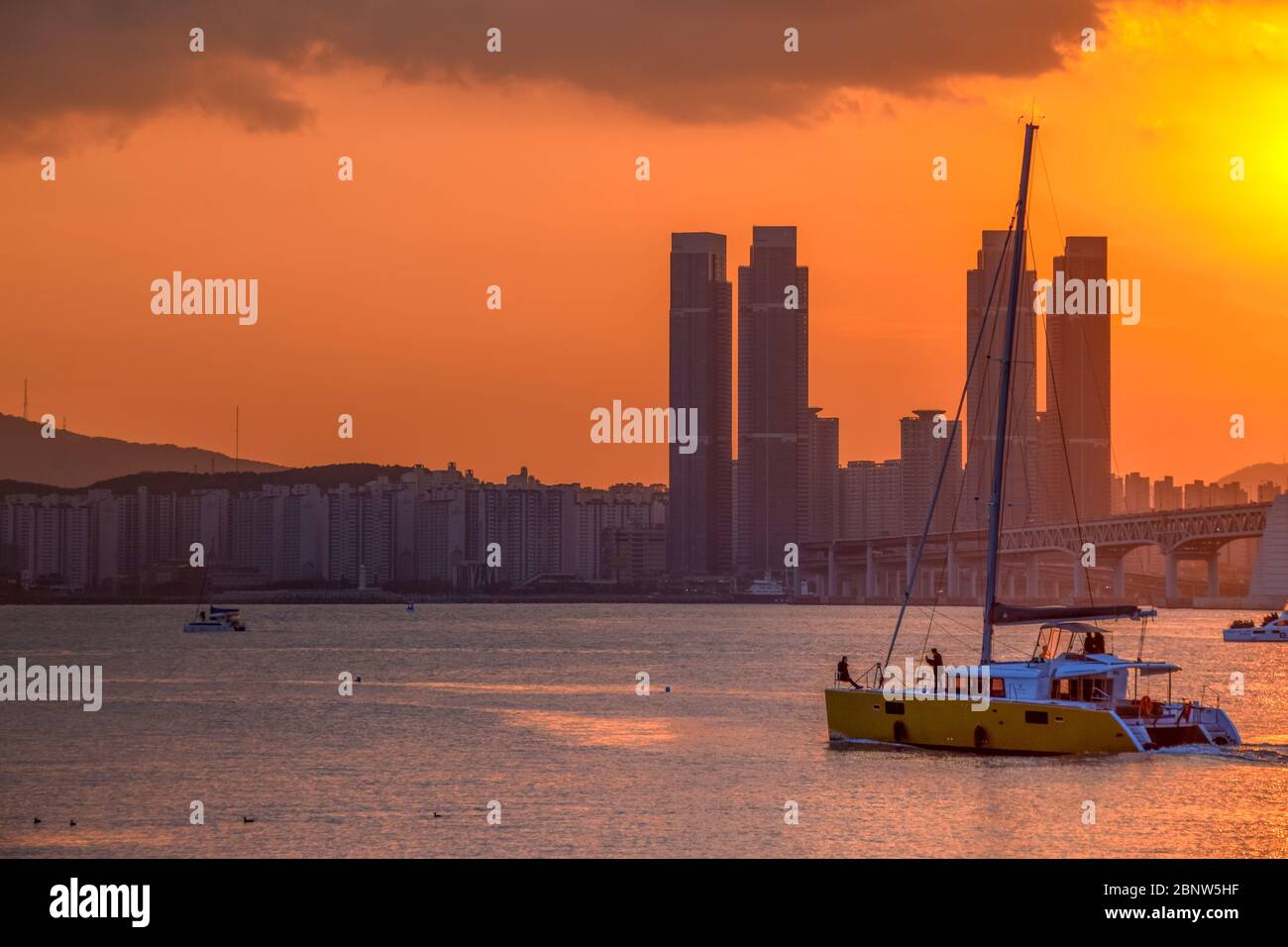 Gwangan Bridge und Haeundae bei Sonnenuntergang, Busan City, Südkorea. Stockfoto