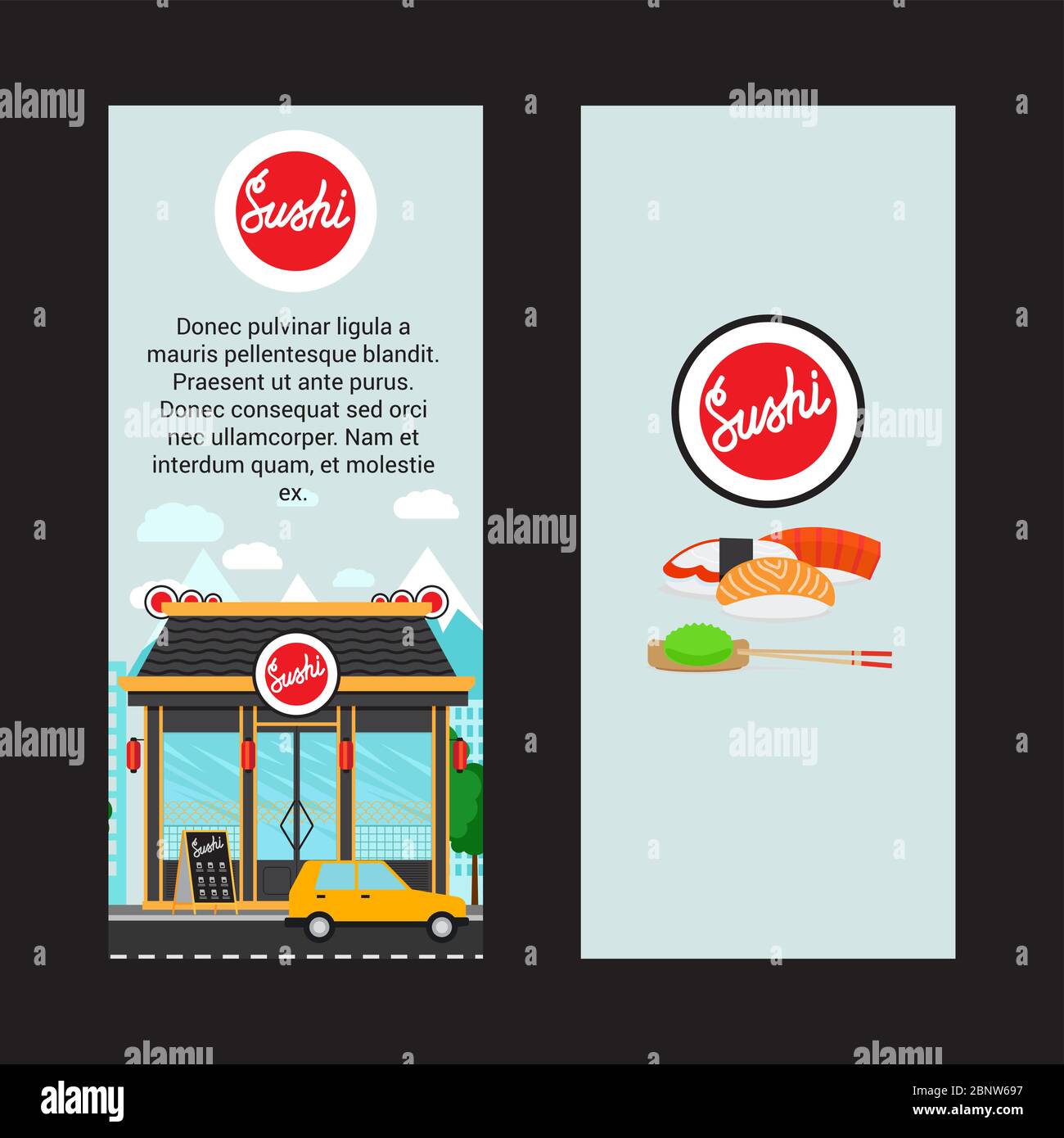 Sushi vertikale Flyer mit Ladenbau und Landschaft, Vektorgrafik Stock Vektor