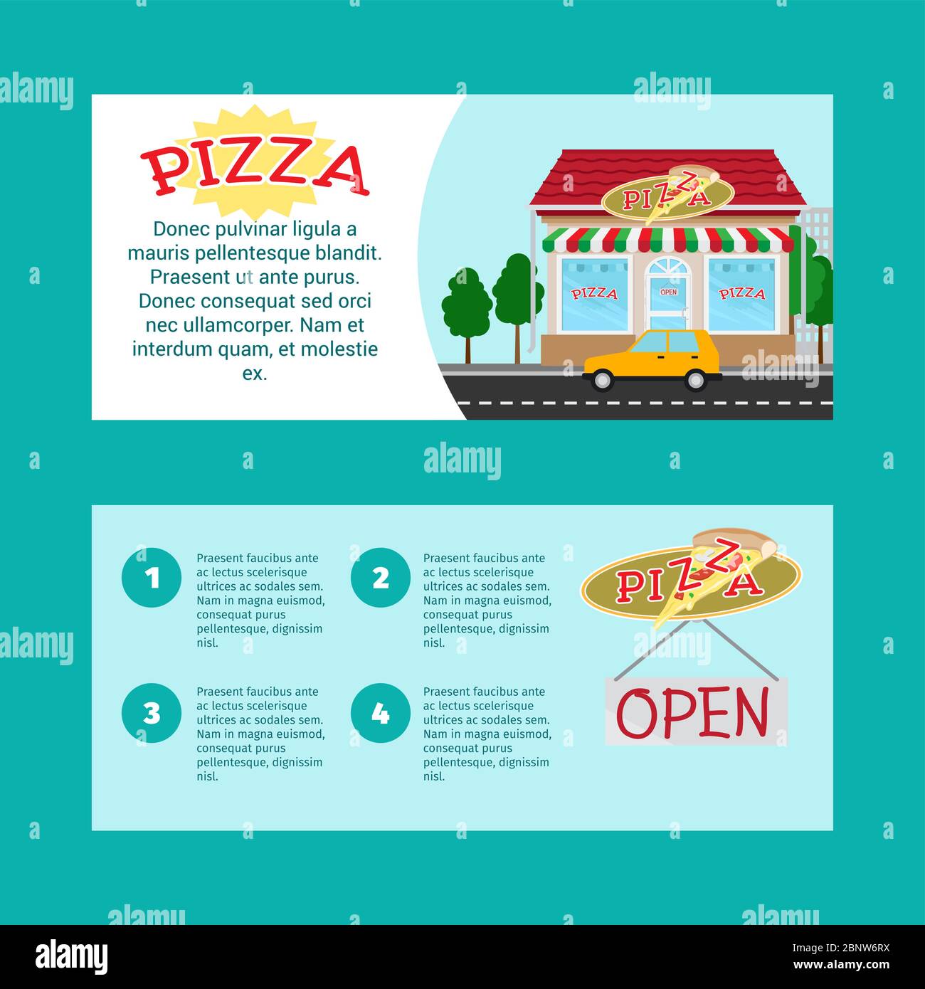 Pizza Haus horizontale Flyer mit Ladenbau und Landschaft, Vektor-Illustration Stock Vektor