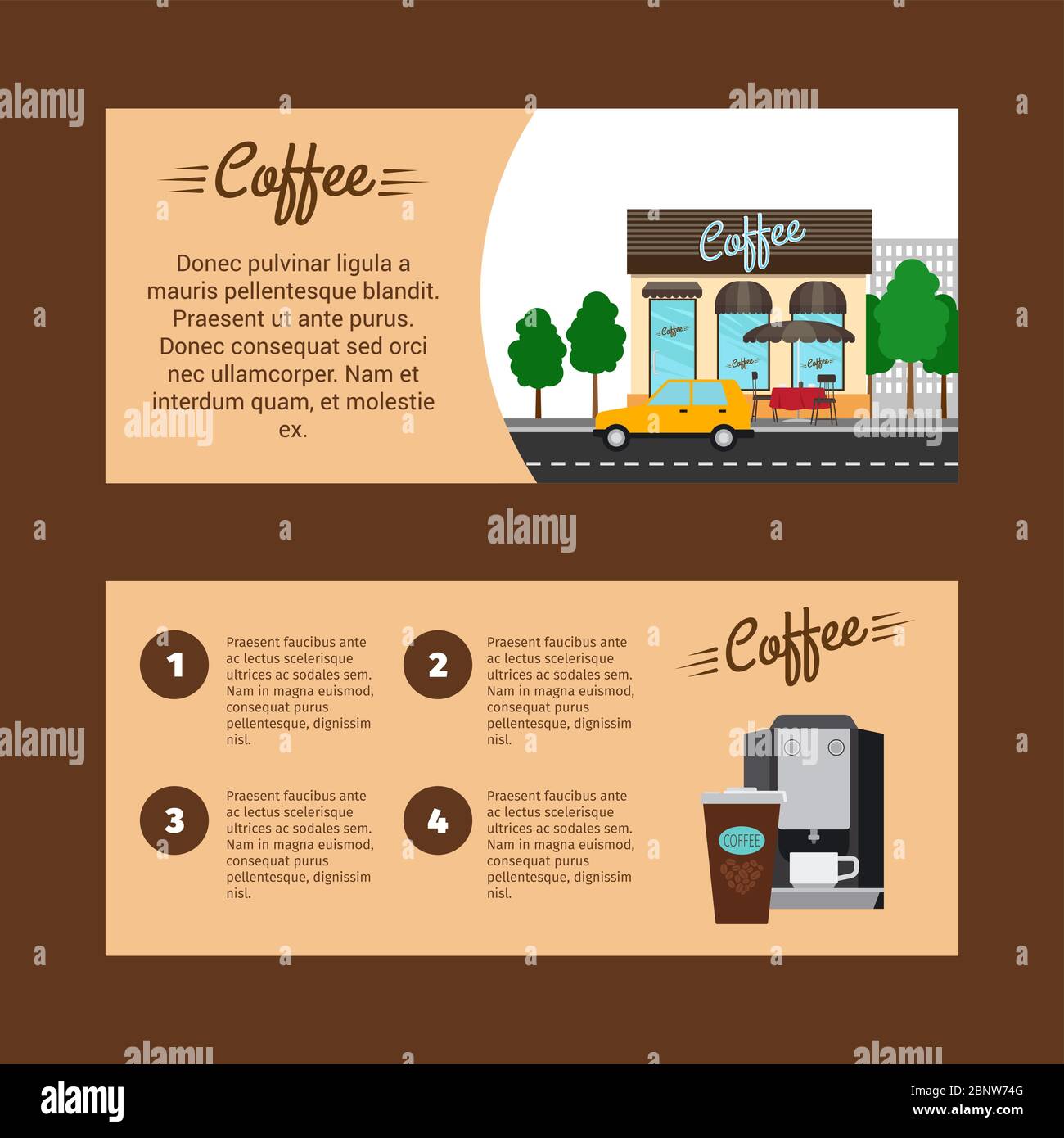 Kaffee horizontale Flyer mit Ladenbau und Landschaft, Vektorgrafik Stock Vektor
