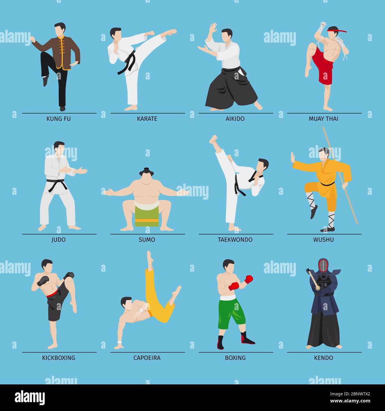 Asiatische Kampfkunst Vektor-Illustration. Karate und Kung Fu, Sumo und  Boxen Stock-Vektorgrafik - Alamy