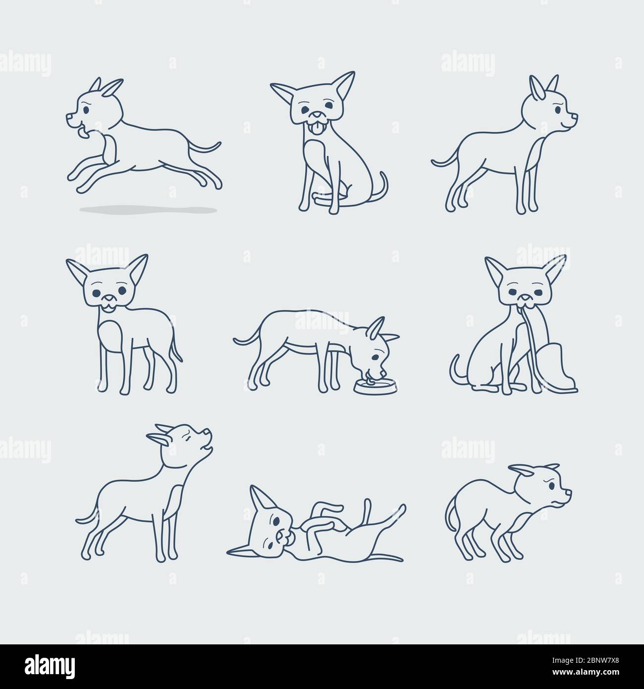 Niedliche Hund Doodle Linie Symbole. Kleiner Hund in verschiedenen Posen Vektor-Illustration Stock Vektor