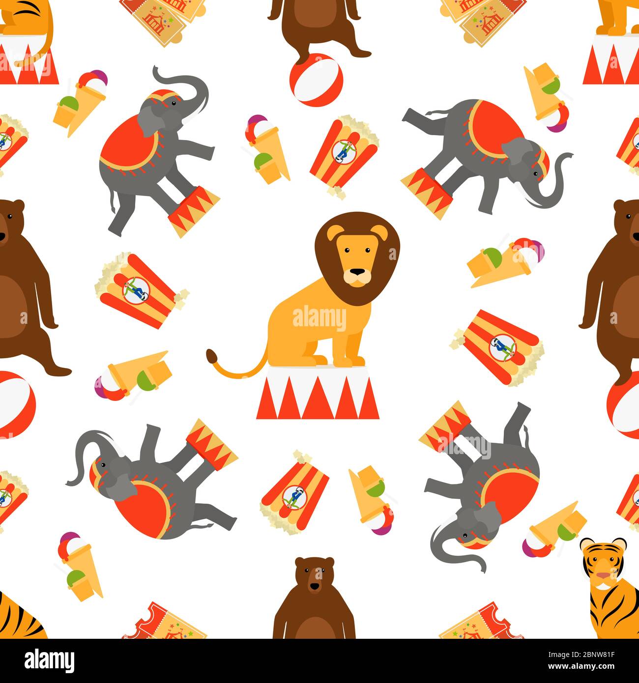Zirkus Tiere und Futter nahtlose Muster. Vektorgrafik Stock Vektor
