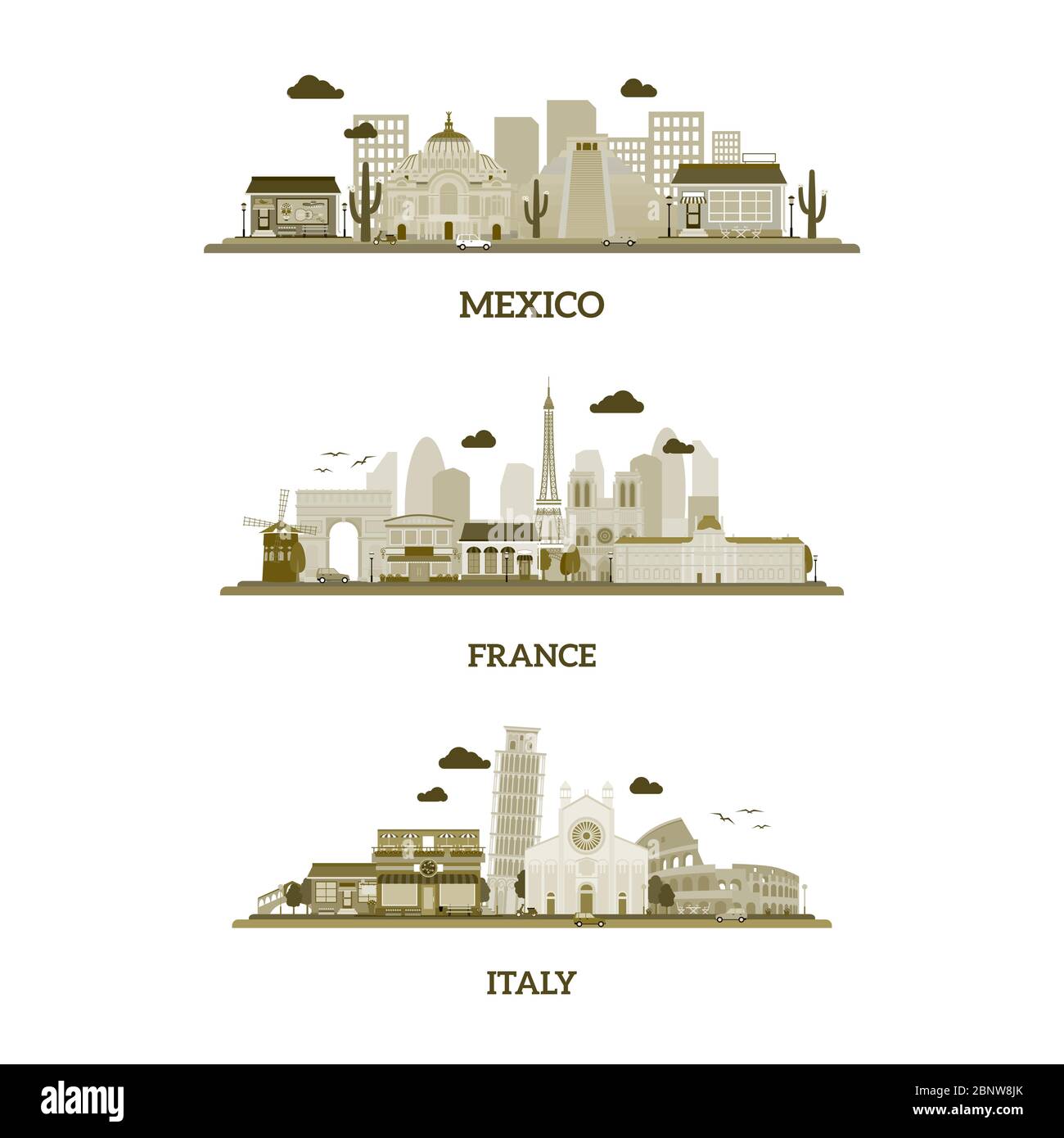 Frankreich, Italien und Mexiko Vintage Skyline. Vektorgrafik Stock Vektor