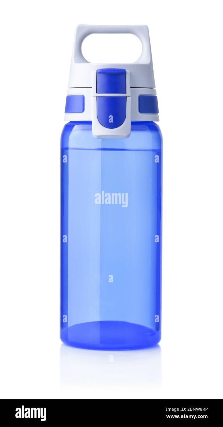 Vorderansicht der blauen Sport Kunststoff Wasserflasche auf weiß Stockfoto