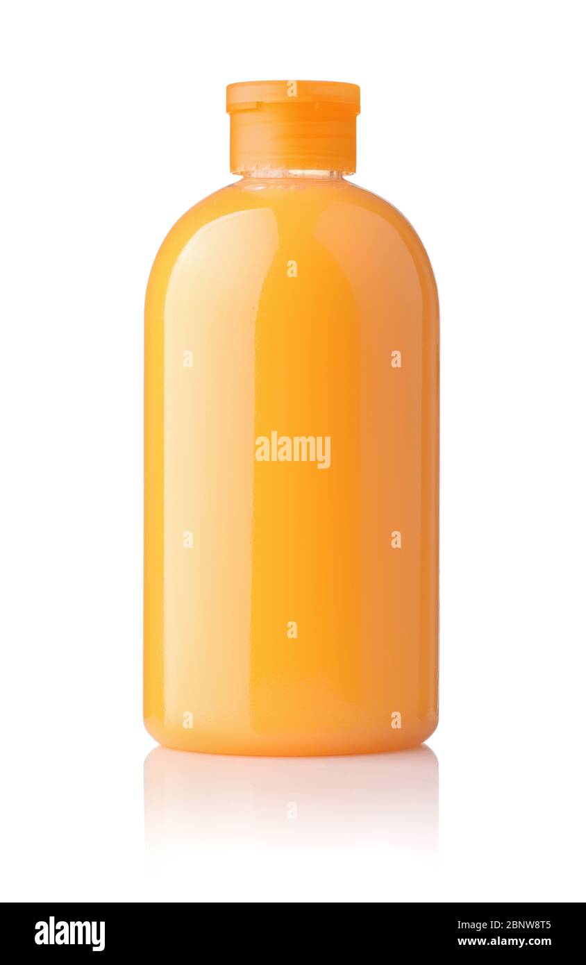 Vorderansicht der orangefarbenen Duschgel-Flasche isoliert auf weiß Stockfoto