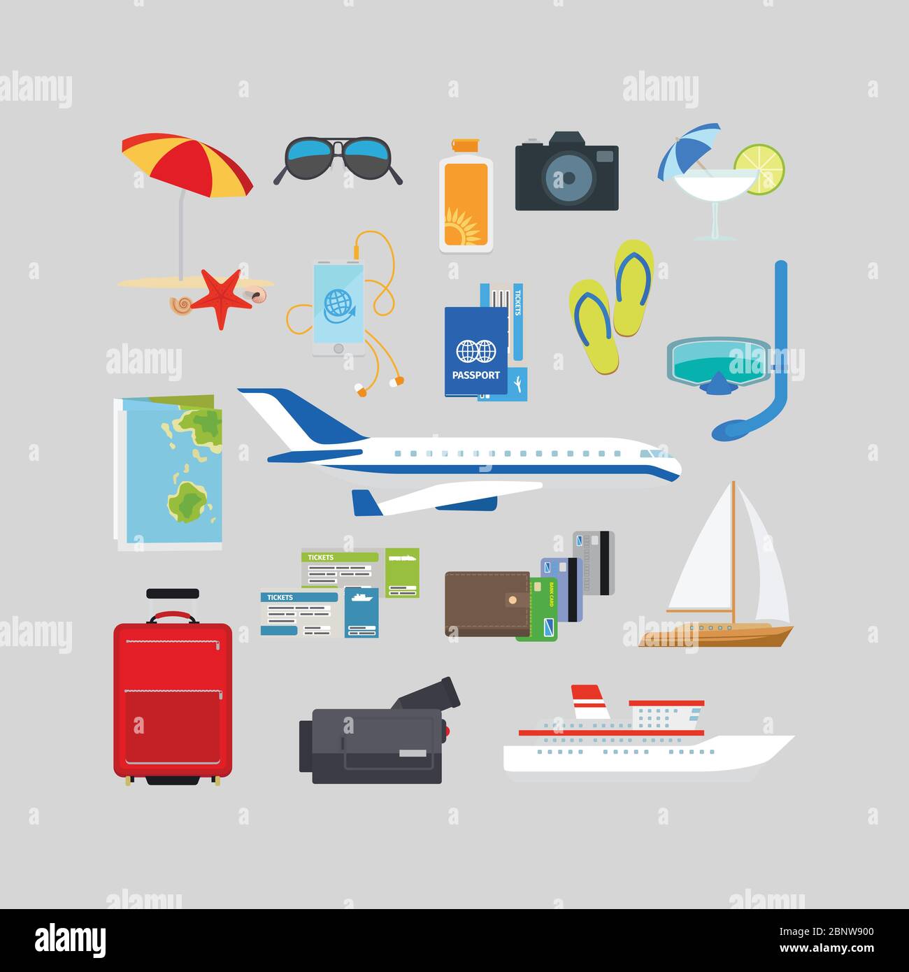 Reise- und Tourismus-Sommer-Ikonen im flachen Stil. Vektorgrafik Stock Vektor