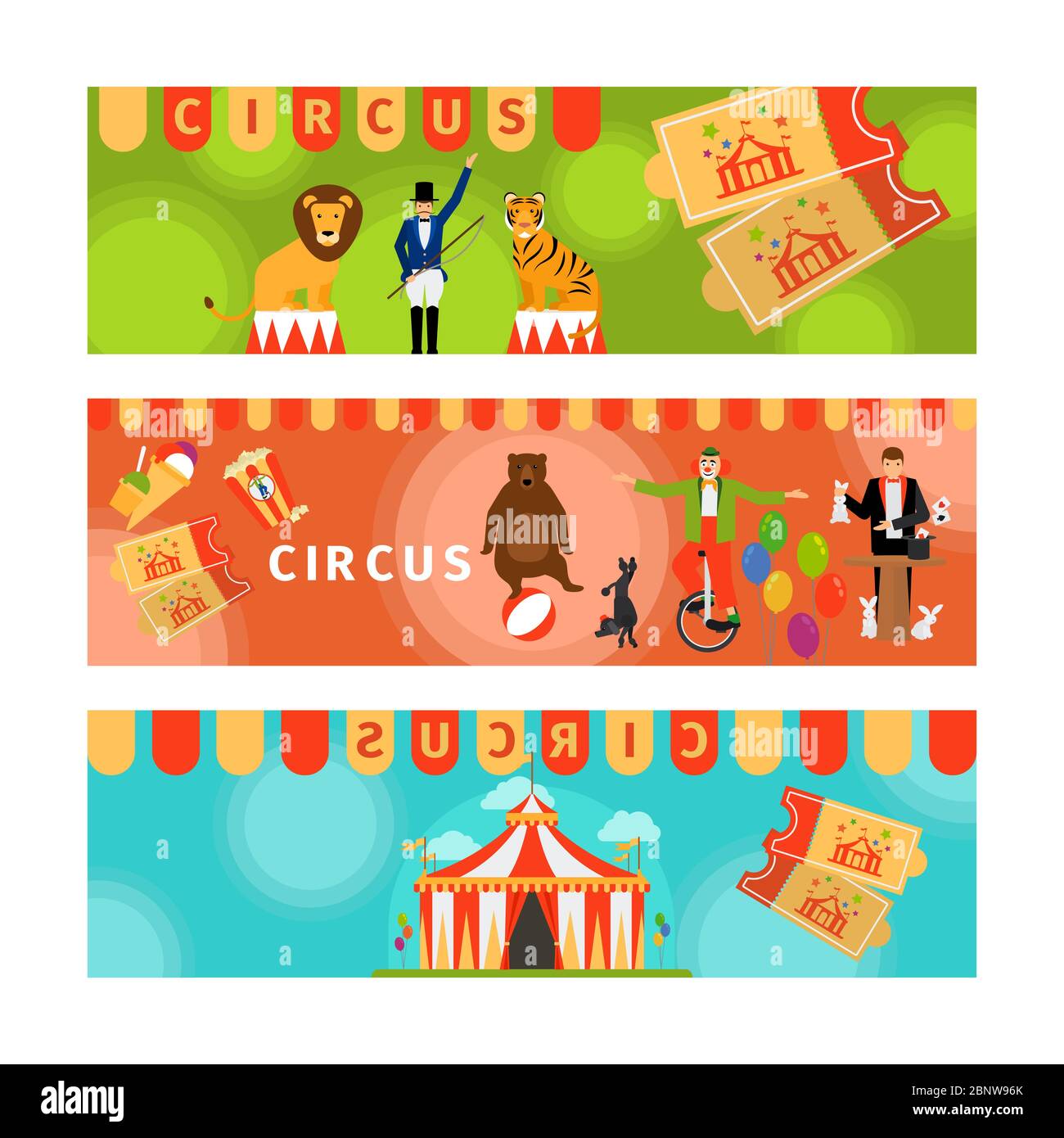 Circus Banner mit lustigen flachen Elementen. Vektorgrafik Stock Vektor