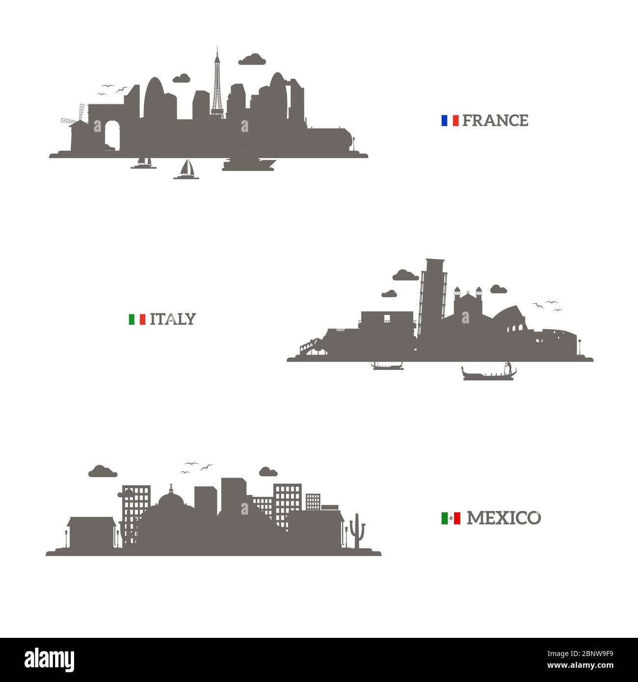 Silhouette und Flaggen der Skyline von Frankreich, Italien und Mexiko. Vektorgrafik Stock Vektor