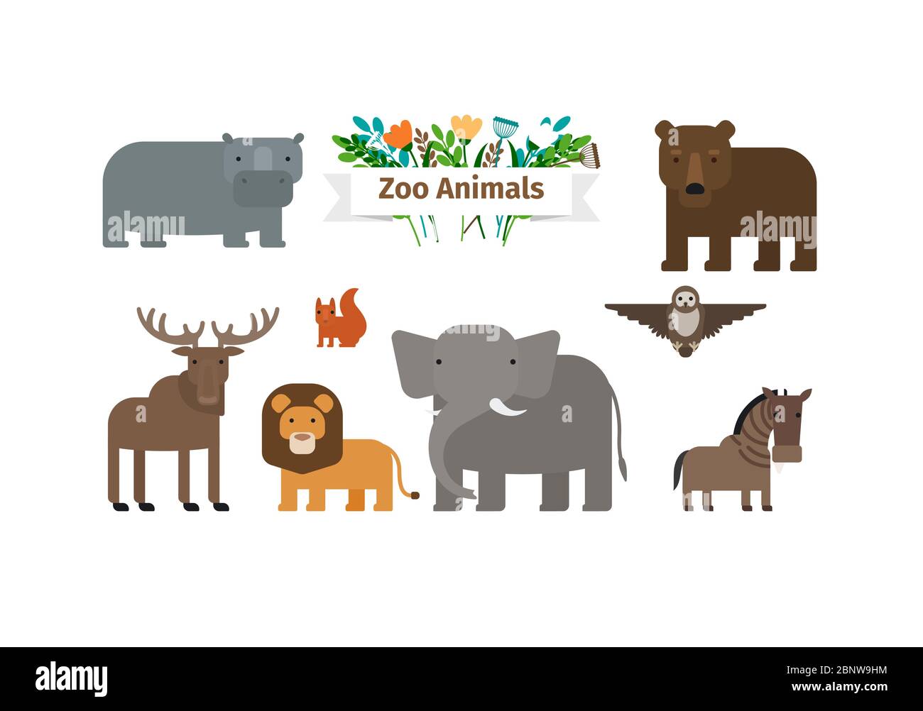 Zoo Tiere Flaches Design Vektor-Symbole Set Stock Vektor