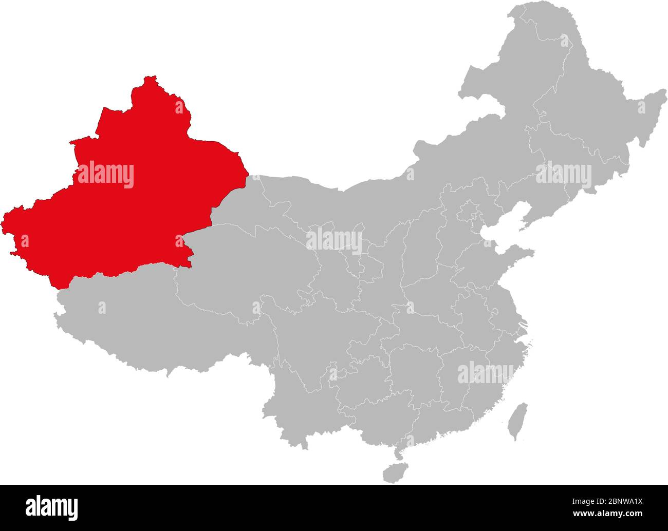 Xinjiang uigurist auf china-Karte hervorgehoben. Grauer Hintergrund. Perfekt für Geschäftskonzepte, Hintergründe, Hintergrund, Poster, Aufkleber, Banner, Label und wa Stock Vektor
