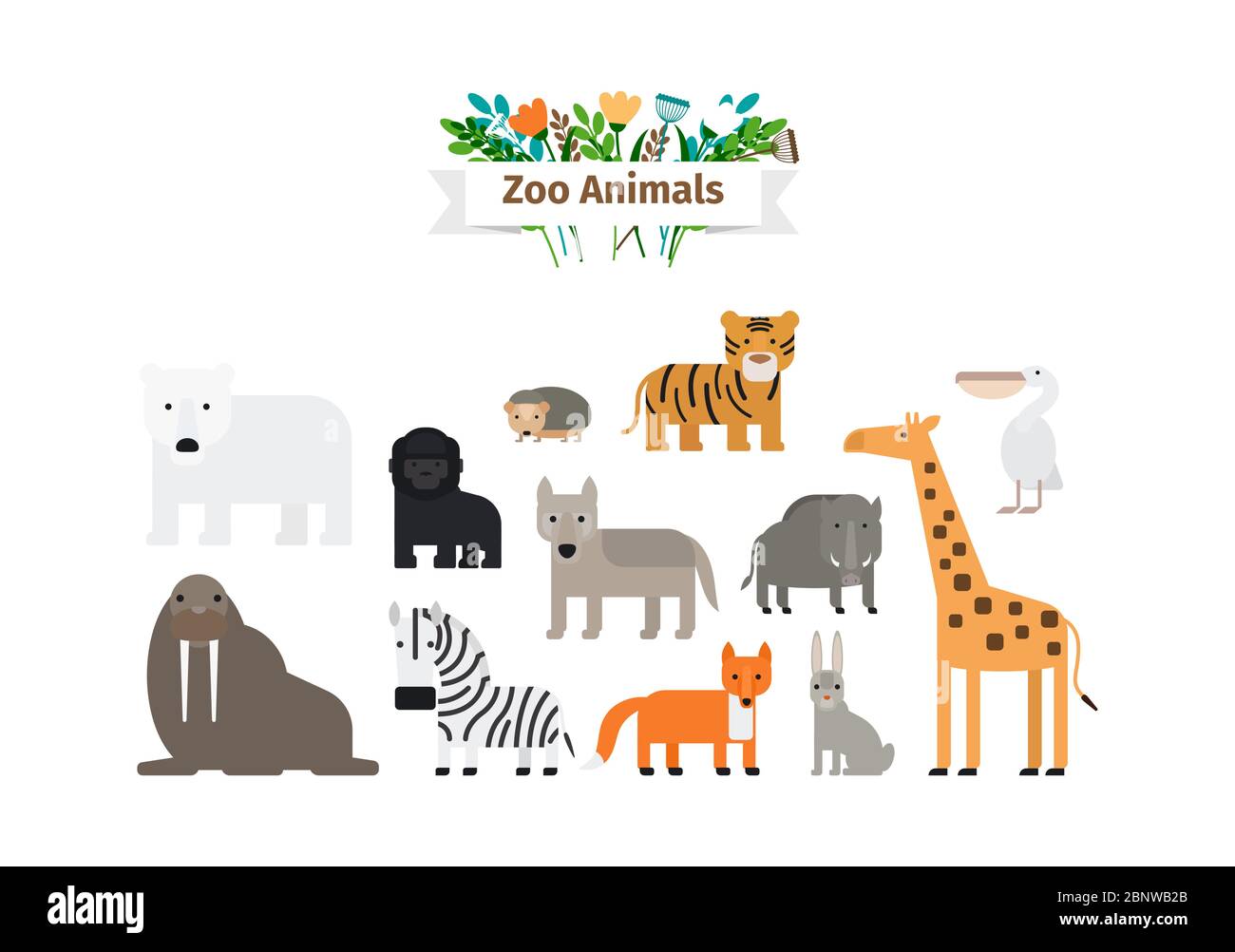 Zoo Tiere Flat Design Bunte Vektor-Symbole Set Stock Vektor