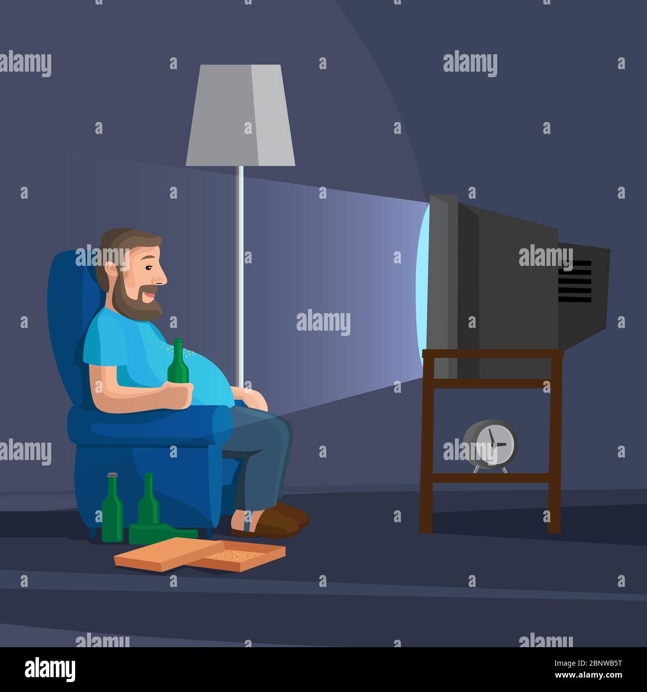 Cartoon man Fernsehen mit Flasche Bier Vektor-Illustration Stock Vektor