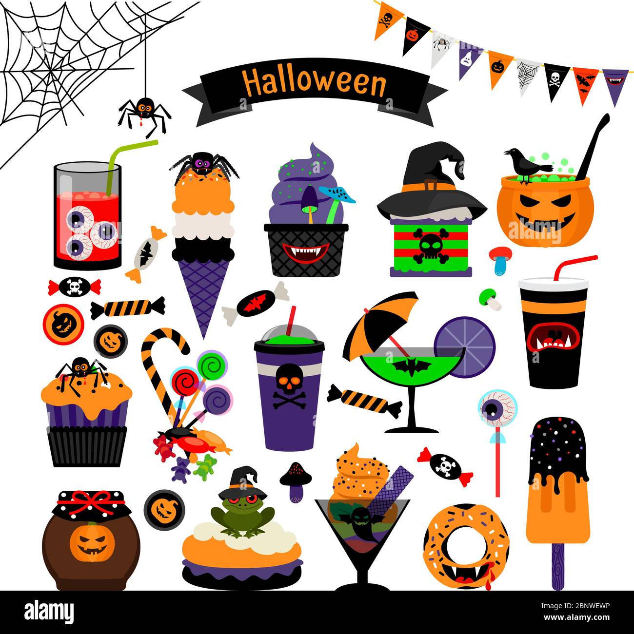 Halloween Hexerei Süßigkeiten Vektor flache Symbole. Kürbis und Muffins, Süßigkeiten und Eis für Kinder Stock Vektor