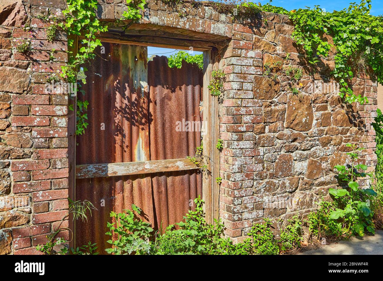 Bild einer alten Steinmauer mit einer alten Türöffnung mit Ziegeleinfassung, die im Sonnenschein mit rostigen Corigated-Eisenstheets versperrt wurde. Stockfoto