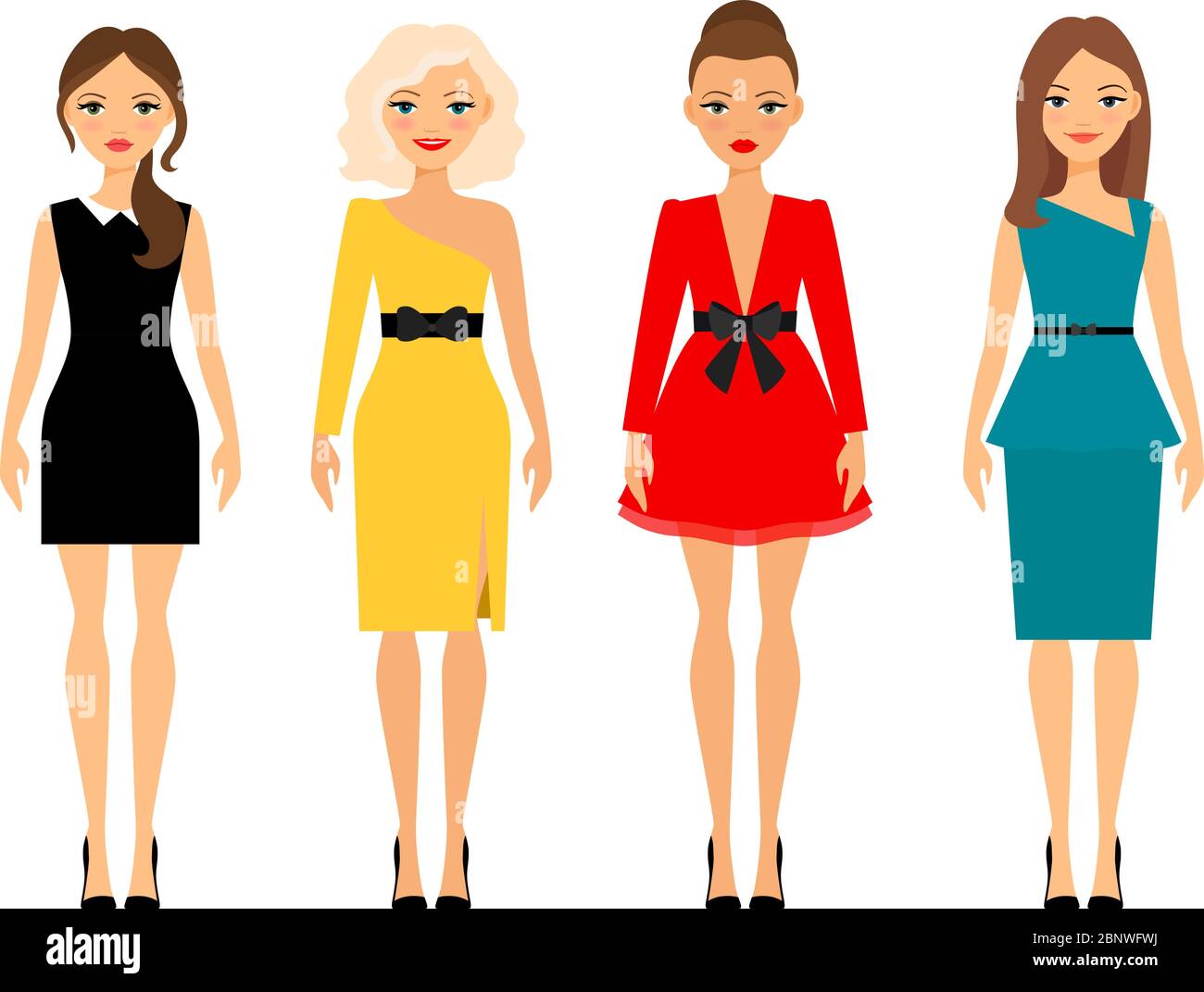 Schöne Frauen in verschiedenen Stil farbige Kleider. Vektorgrafik Stock Vektor