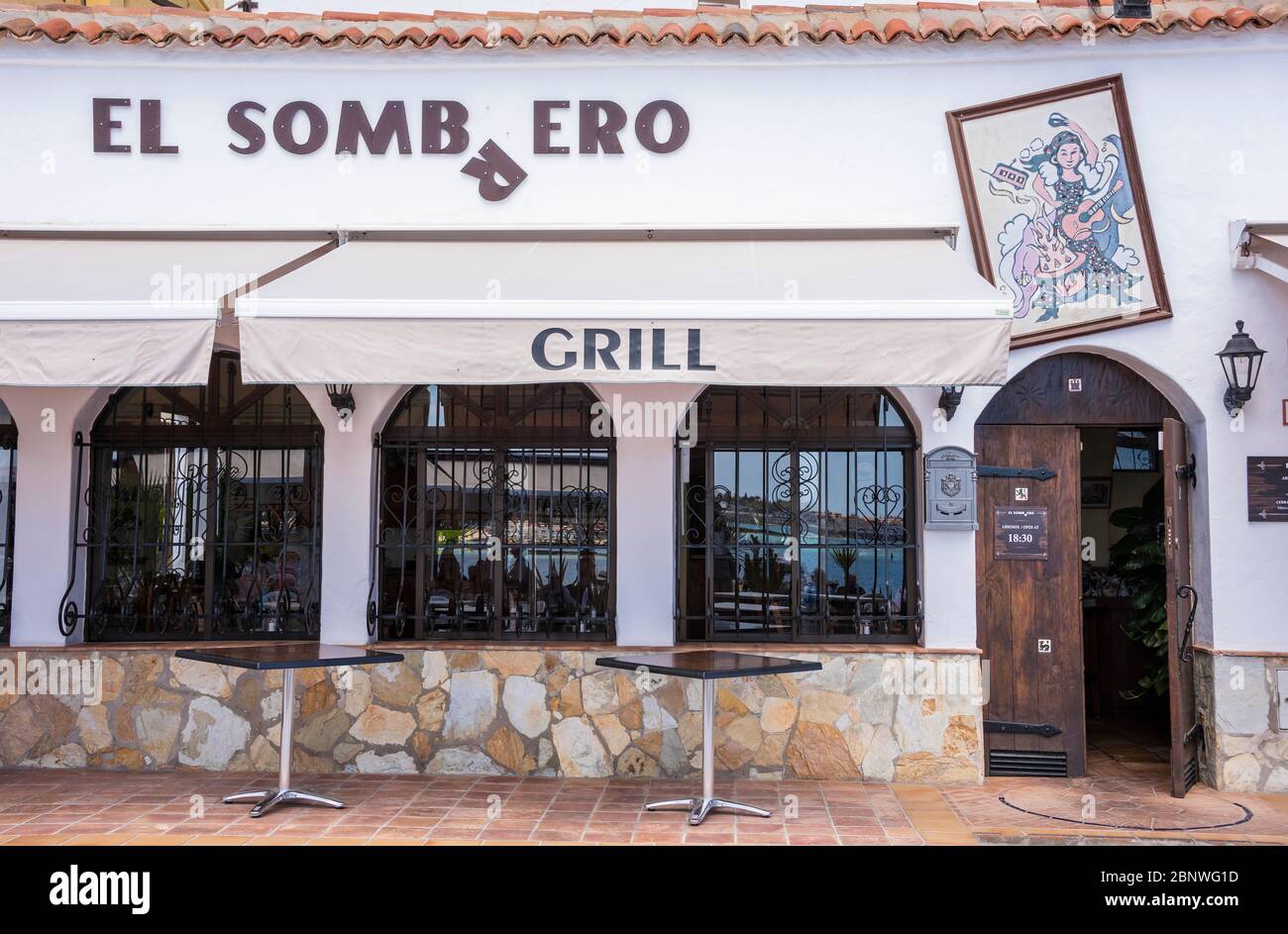 Eigenartiges Schild auf El Sombrero Restaurant Corralejo, Fuerteventura, Kanarische Inseln. Stockfoto