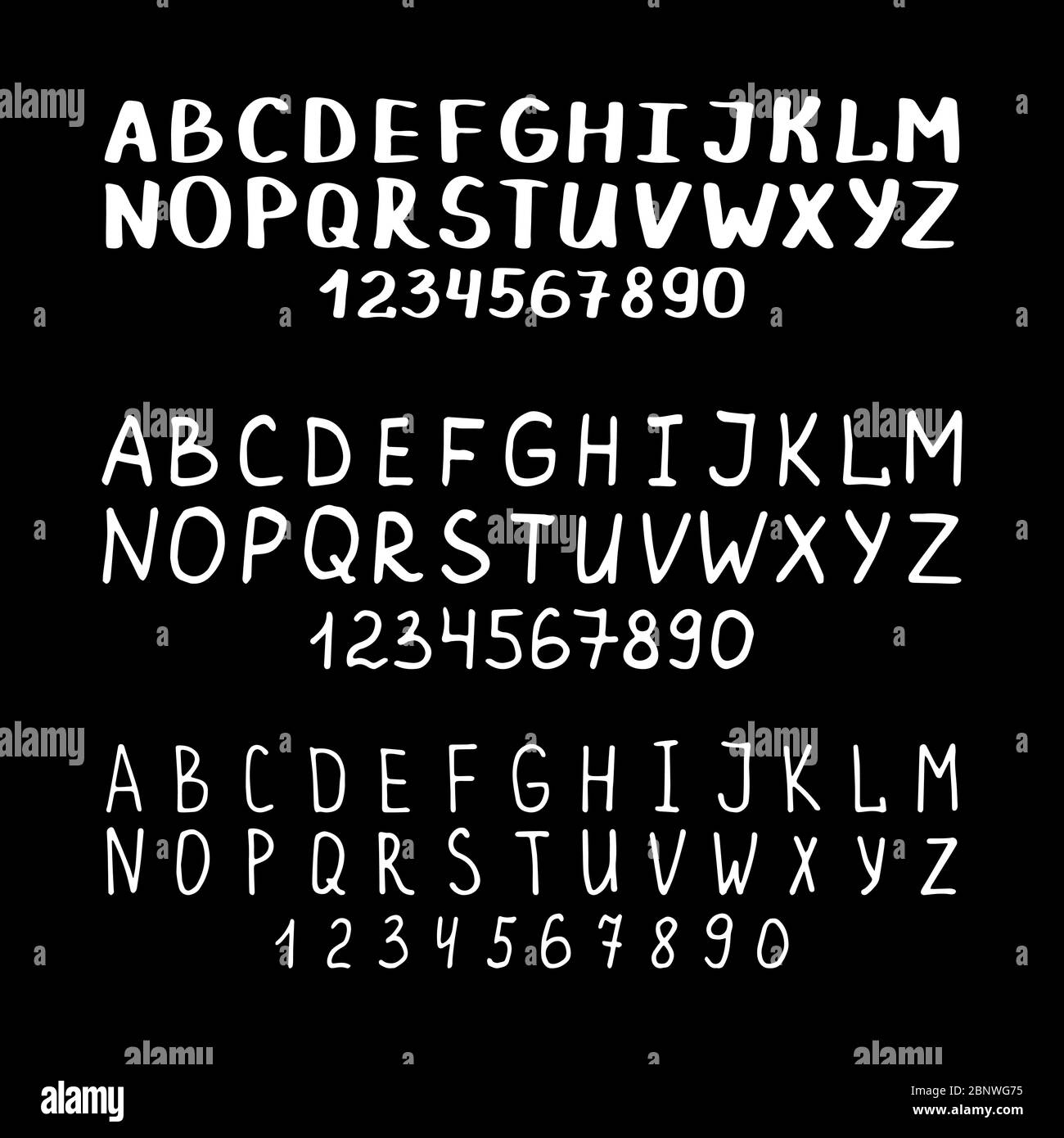 Handgezeichnete Vektorschrift. ABC-Zeichen in normaler, fett und dünner Form Stock Vektor