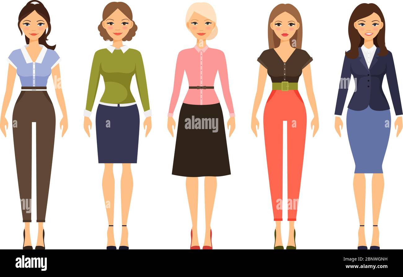 Frauen Dresscode Vektor-Illustration. Schöne Frauen in verschiedenen Outfits Symbole auf weißem Hintergrund Stock Vektor