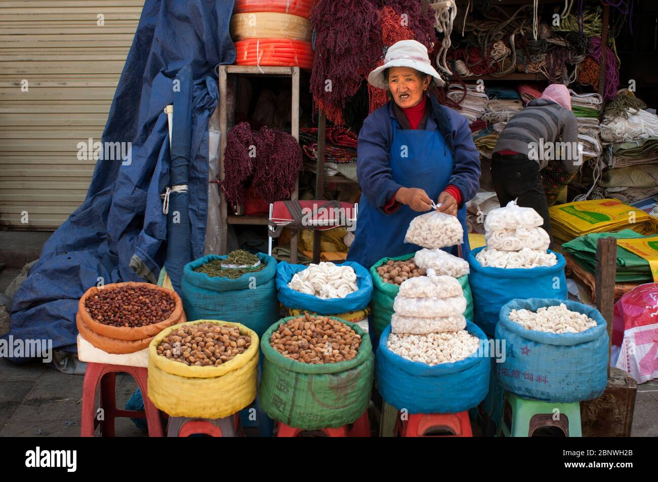 Verkauf von Nüssen Arten getrocknete Milch Kräuter in Lhasa Markt in den Straßen von Lhasa Tibet China. Stockfoto
