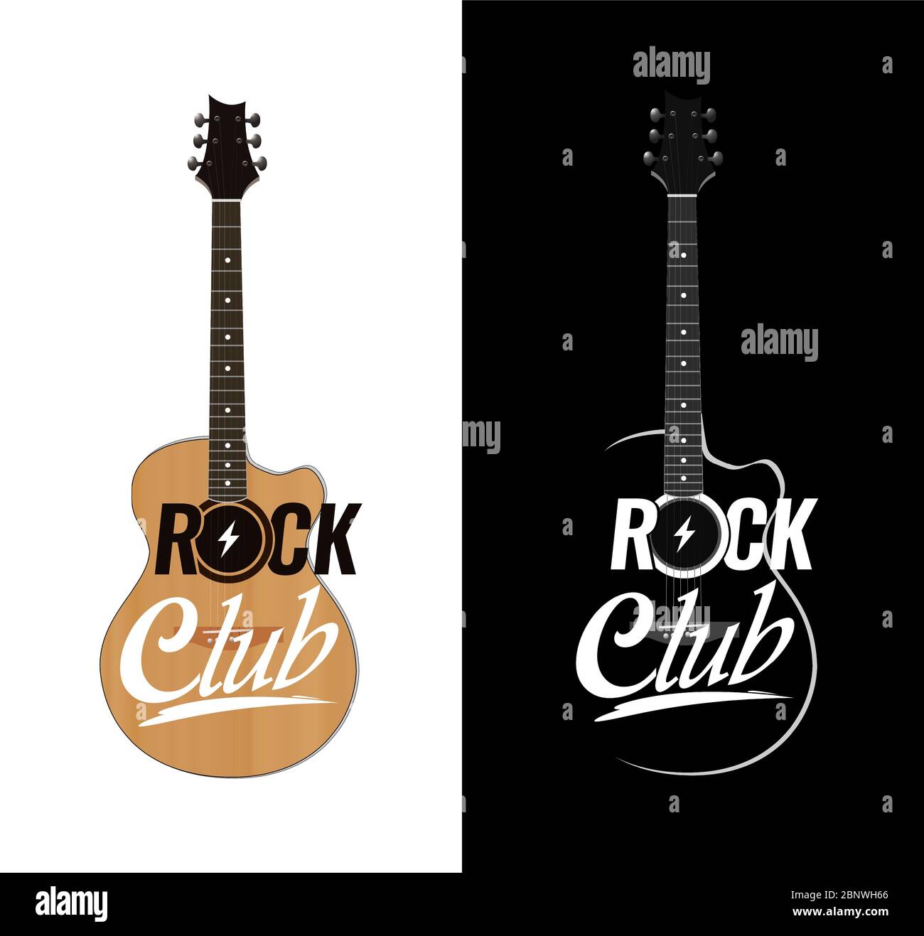 Vector Akustikgitarre im realistischen Stil für Rock Club mit Schriftzug. Design Illustration für Placard oder Banner of Music Event, Party oder Konzert. Stock Vektor