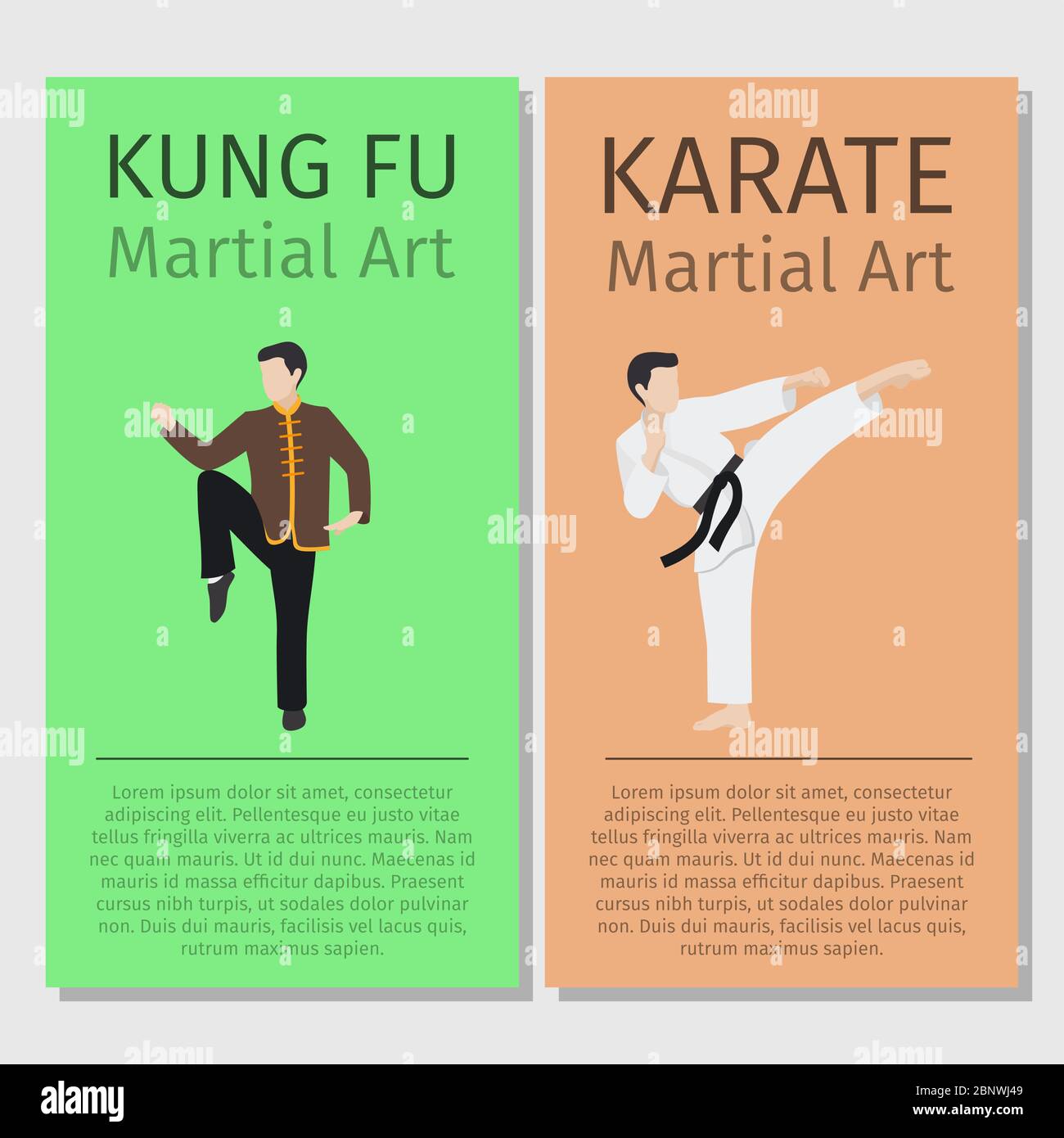 Asiatische Kampfkunst Vektor Flyer Set. Darstellung der Figuren Kung Fu und Karate man Stock Vektor