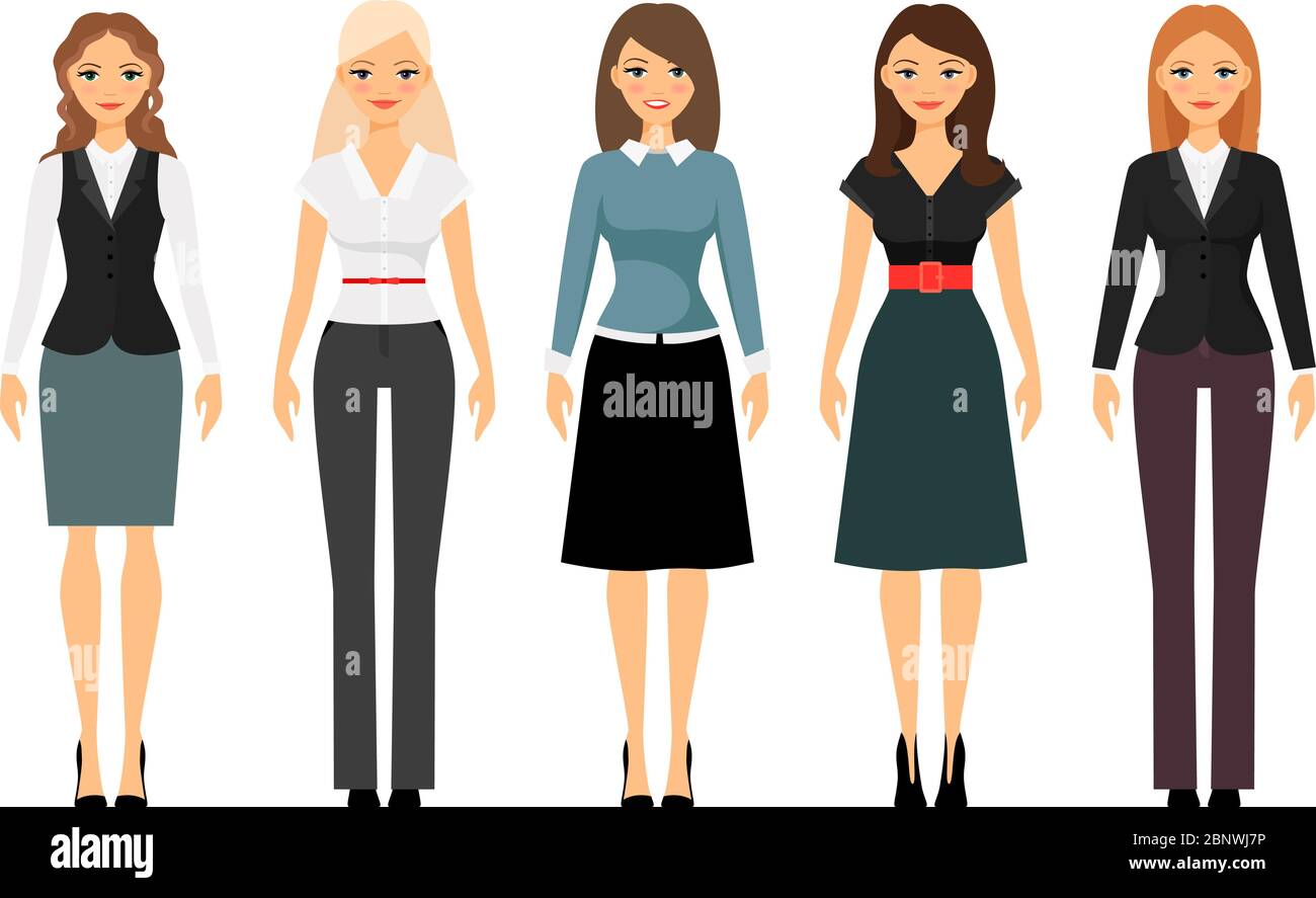 Schöne Frauen in verschiedenen Stil Kleidung Vektor-Symbole auf weißem Hintergrund. Frauen Kleiderordnung Abbildung Stock Vektor