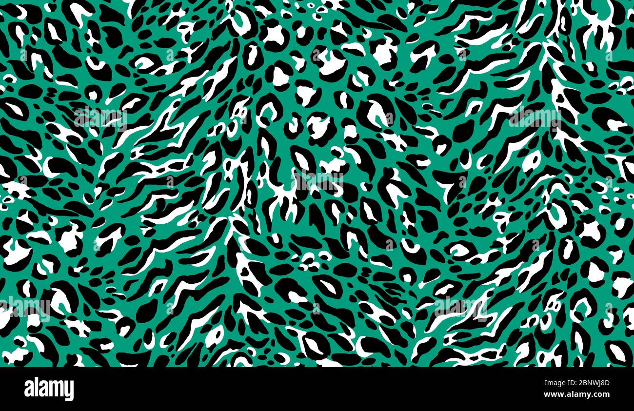 Nahtloses Leopardenmuster. Wild Cheetah grün, weiß, schwarz wiederholende Textur. Nahtlose Tapete, Mode Textil Hintergrund. Stockfoto