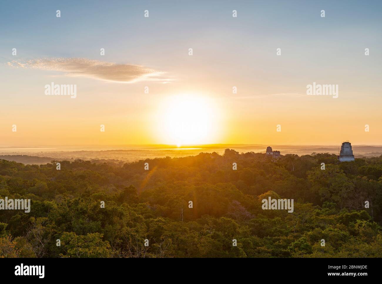 Landschaft bei Sonnenaufgang der Maya-Ruine Tikal im Penen Regenwald mit einem magischen Sonnenstrahl, Guatemala. Stockfoto