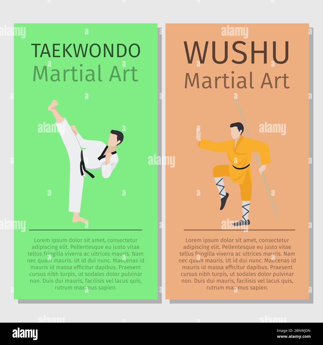 Asiatische Kampfkunst Vektor Flyer Set. Taekwondo und Wushu Illustration Stock Vektor